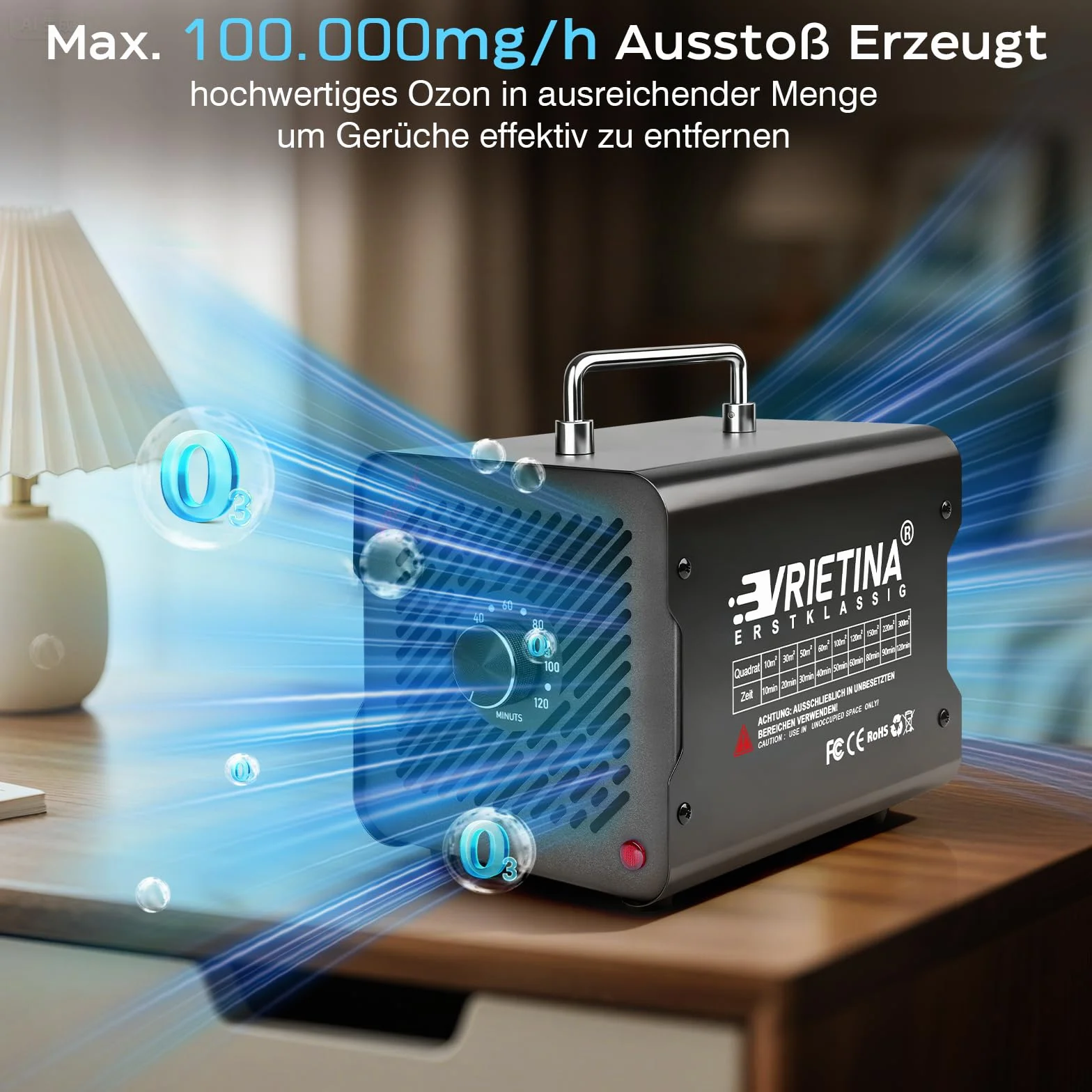 Generator ozonu domowy 65000 mg/h 150 W 35 dB przenośne urządzenie O3