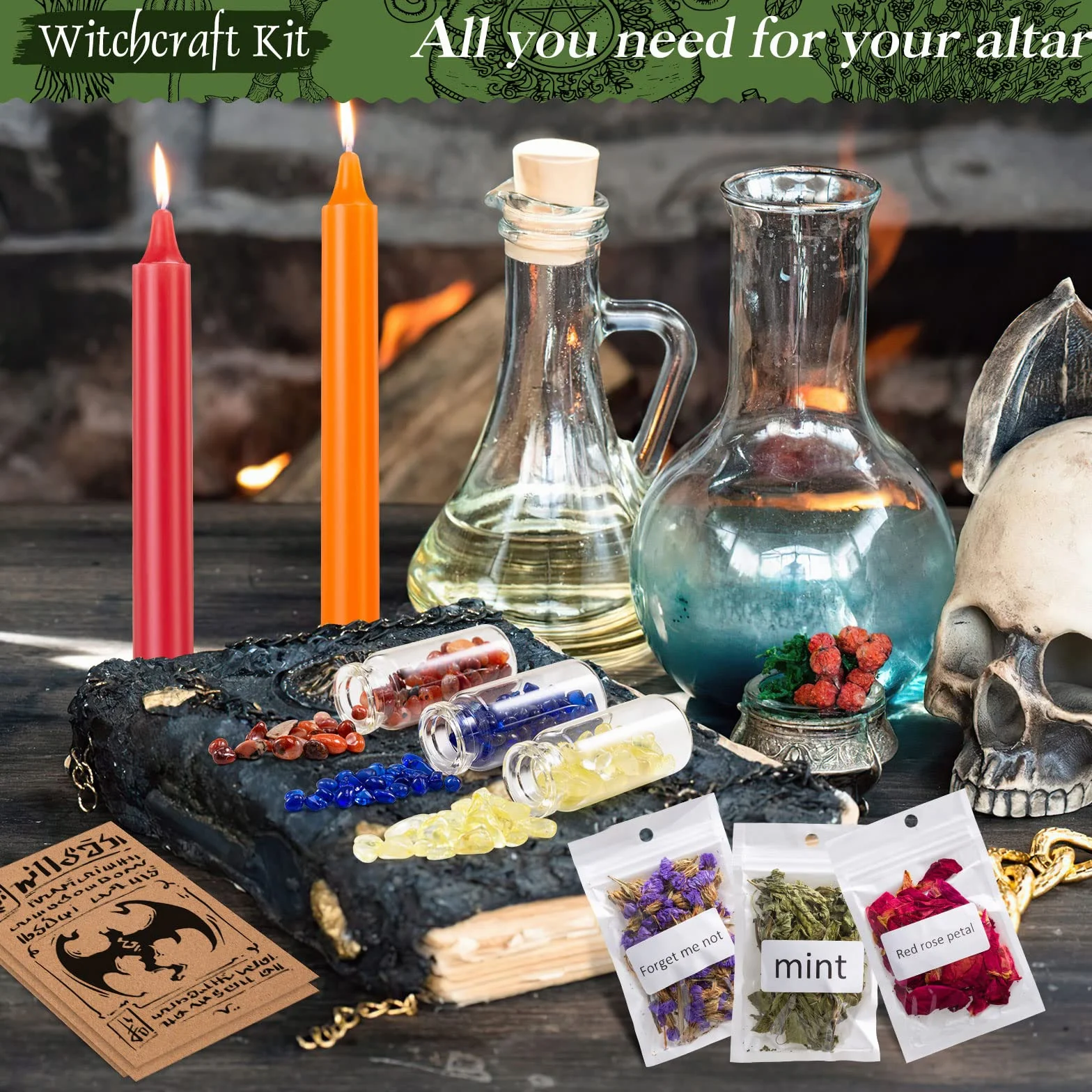 MAISITOO Zestaw magiczny do czarowania, świeczki, małe, naturalne suszone kwiaty, buteleczki, kryształowe chipsy żetony do dzwoneczków, magia, czarodziejstwo, życzenia, rytuały