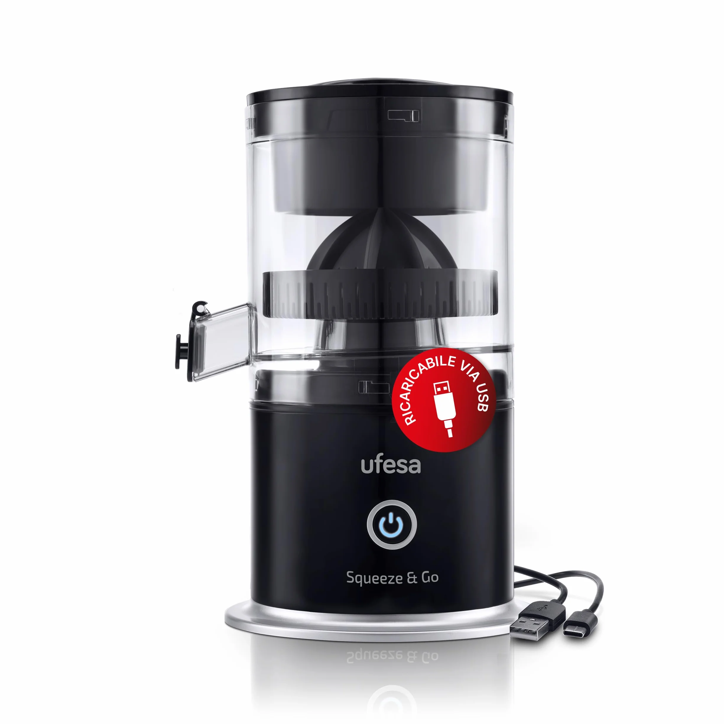 Ufesa Squeeze & Go Citrus Squeezer elektryczny ładowalny USB-C przenośny wyciskacz pomarańczowy limonka bateria 1500 mAh 220 ml bez BPA