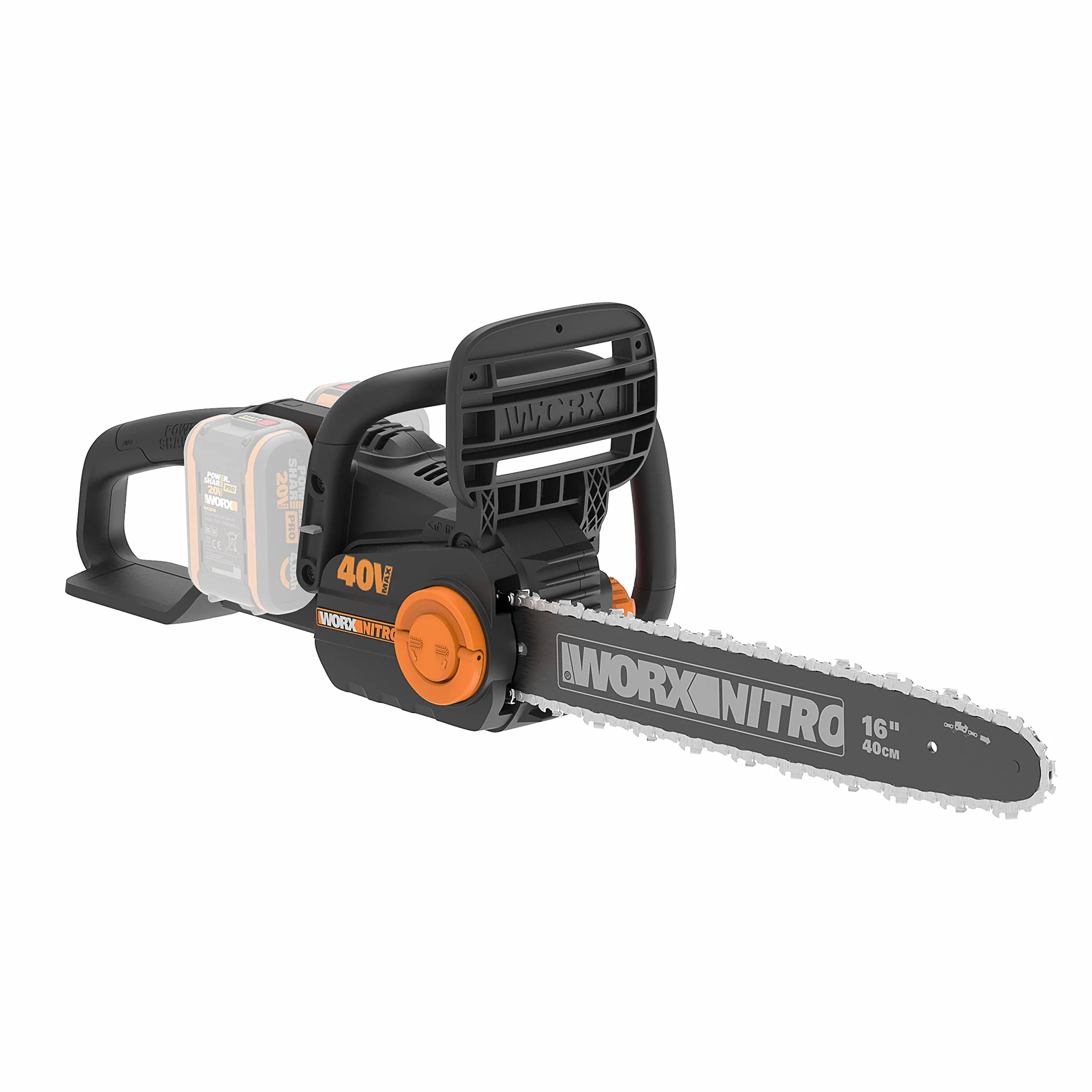 WORX Piła łańcuchowa Nitro 40V (2x20V) | PowerShare | WG385E.9 | Nie obejmuje baterii i ładowarki | Silnik bezszczotkowy | Miecz 40 cm | Hamulec łańcucha i automatyczne smarowanie