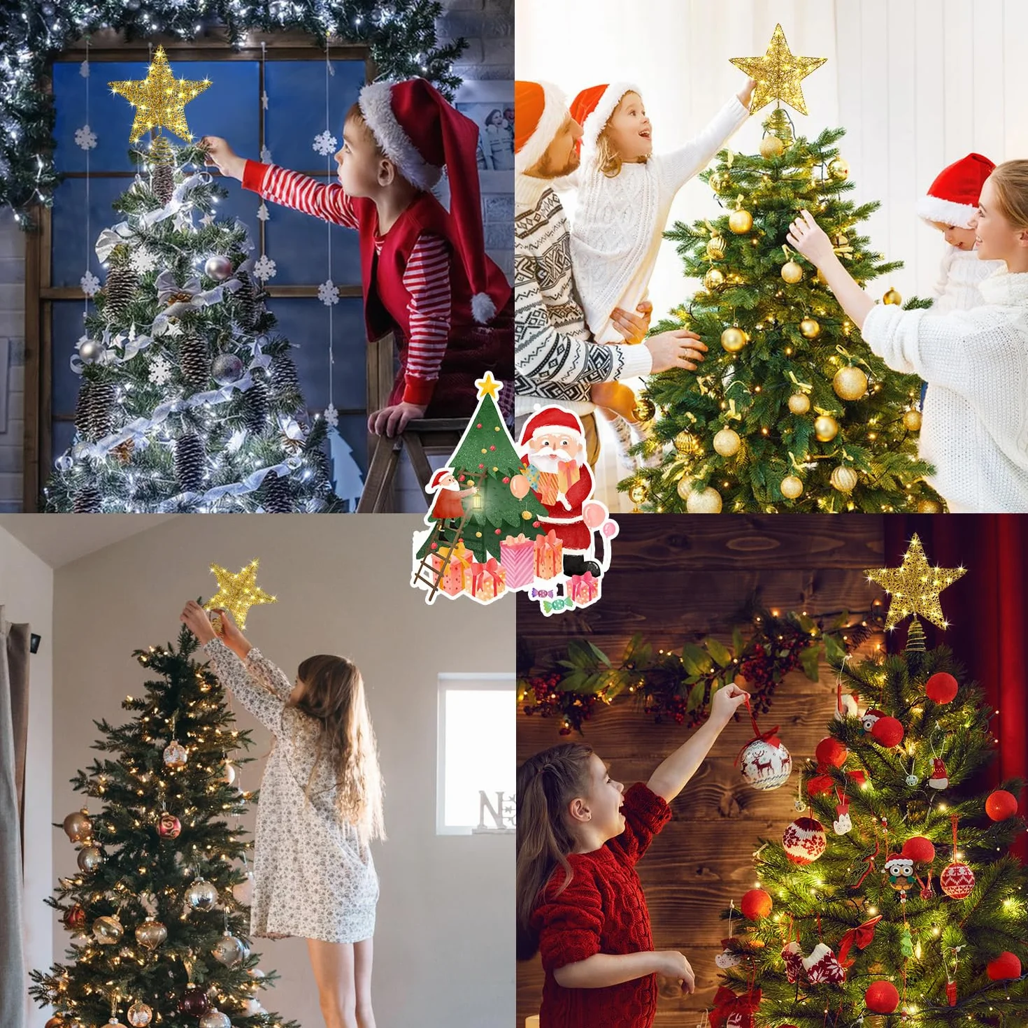 Ozdoba choinkowa, gwiazda, 25 cm, złoty drut, brokatowa ozdoba na choinkę z timerem, zasilanie bateryjne lub USB, 20 diod LED, złote ozdoby, wierzchołek choinki, dekoracja noworoczna, 25 cm