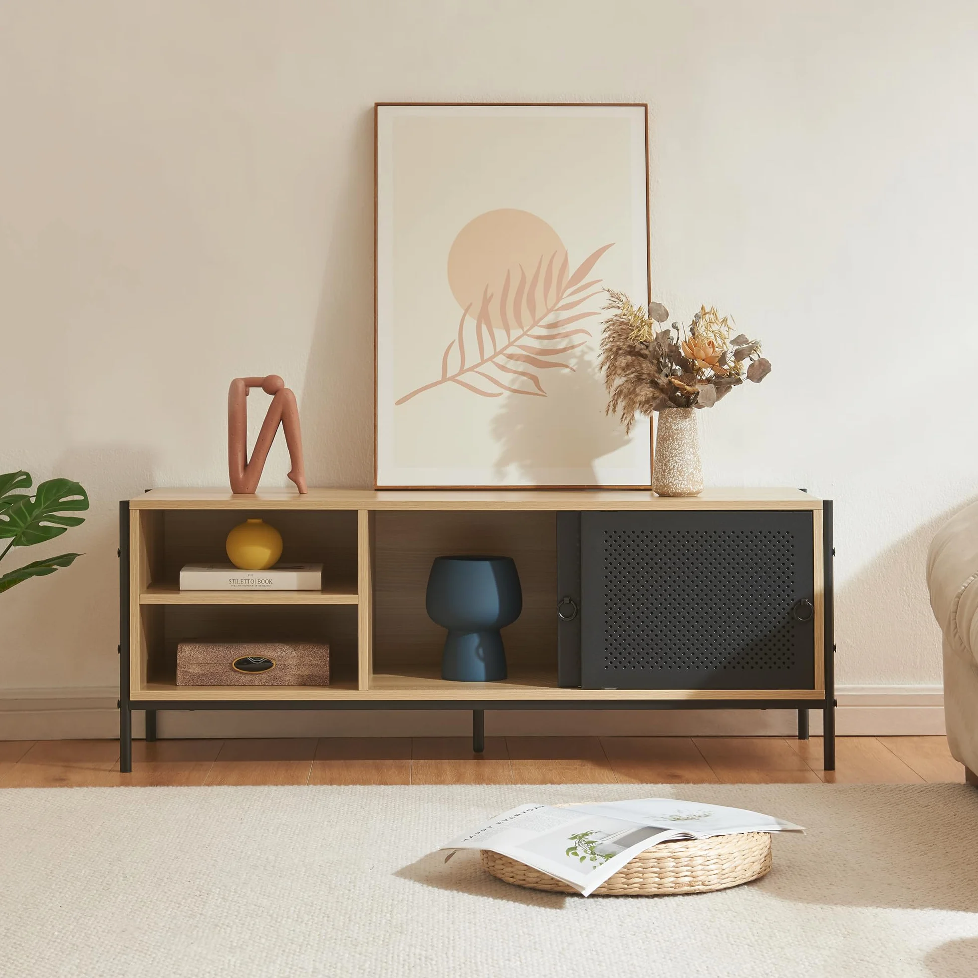 [en.casa] Szafka TV Tysnes Lowboard z 2 przesuwnymi drzwiami, stolik pod telewizor z otworami na kable, szafka TV, 120 x 40 x 45 cm, metalowa konstrukcja, dąb/czarny