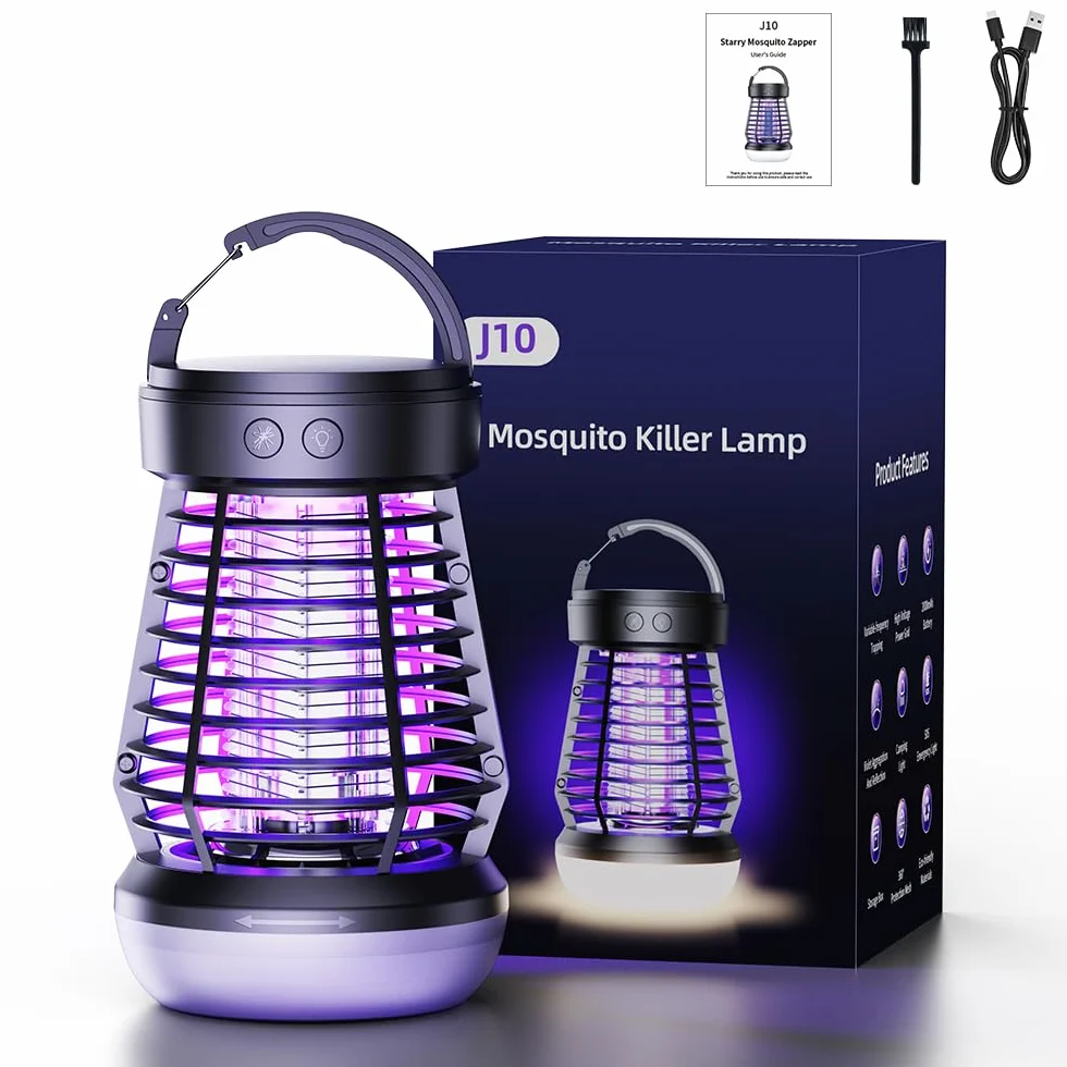Lampa owadobójcza komarów, lampa na komary ze światłem UV, kempingowa, elektryczna lampa owadobójcza, 2000 V, do ponownego ładowania, z oświetleniem LED, oświetlenie awaryjne, na kemping, do użytku