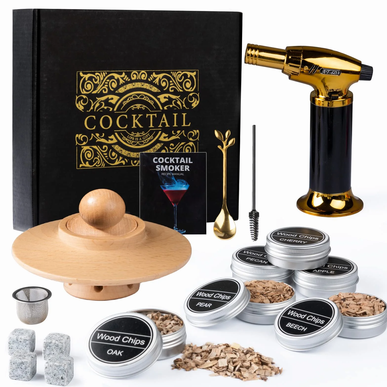 Zestaw Whisky Smoker – Old Fashioned Cocktail Gift Set z 6 Wiórkami Drzewnymi, 4 Kamieniami Granitowymi do Whisky i Palnikiem – Idealny Prezent dla Miłośników Whisky i Koktajli (bez butanu)