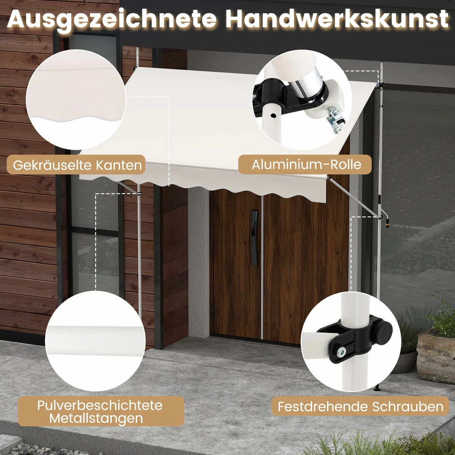 COSTWAY Markiza balkonowa bez wiercenia, z korbą ręczną, regulacja wysokości i odporna na promieniowanie UV, ochrona przed słońcem na taras, balkon (250 cm, biała)