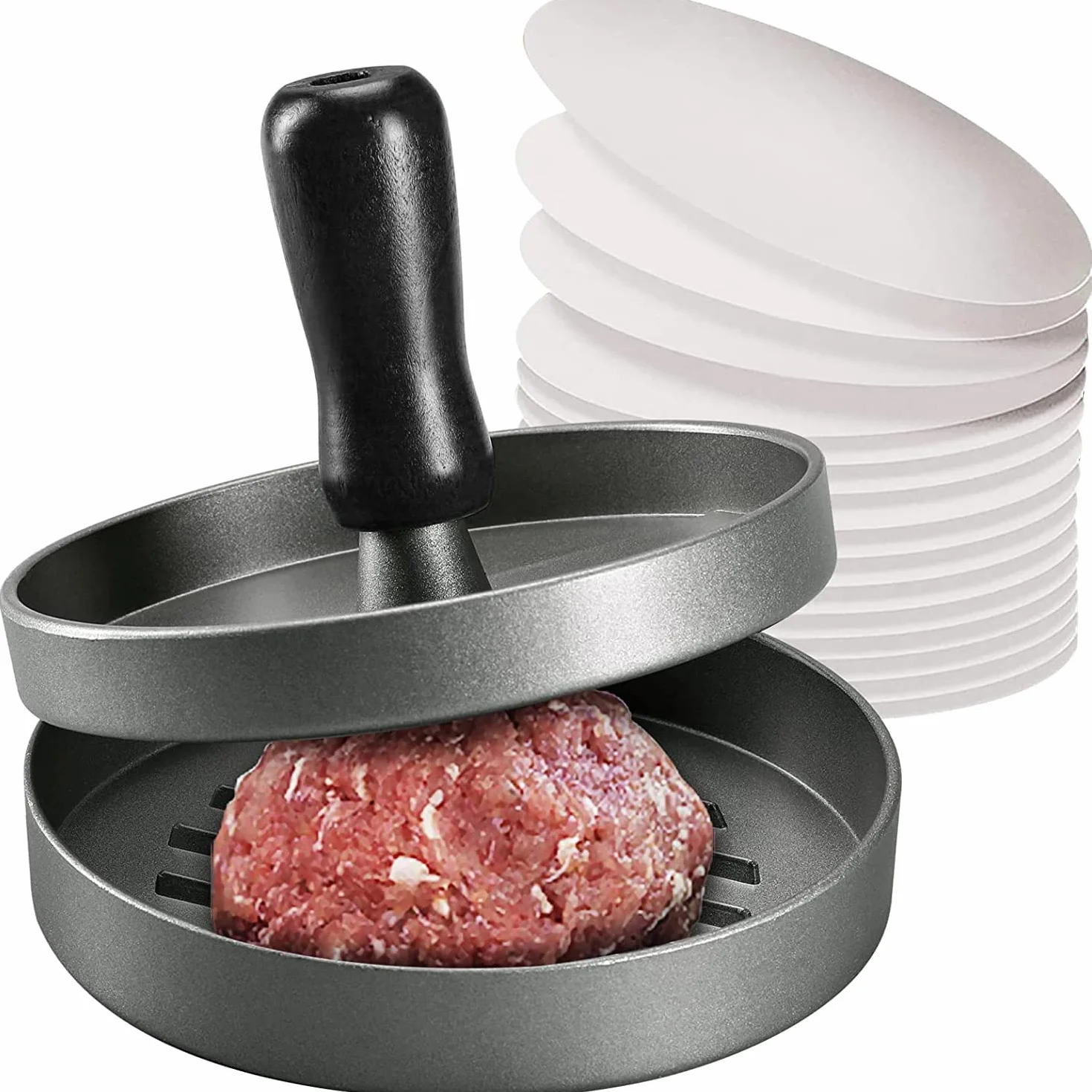Prasa do burgerów i 100 arkuszy papieru woskowego, nieprzywierający maker do kotletów hamburgerowych do produkcji Quarter Lb lub dużych nadziewanych burgerów kieszonkowych o wadze 1/3 funta, aluminium