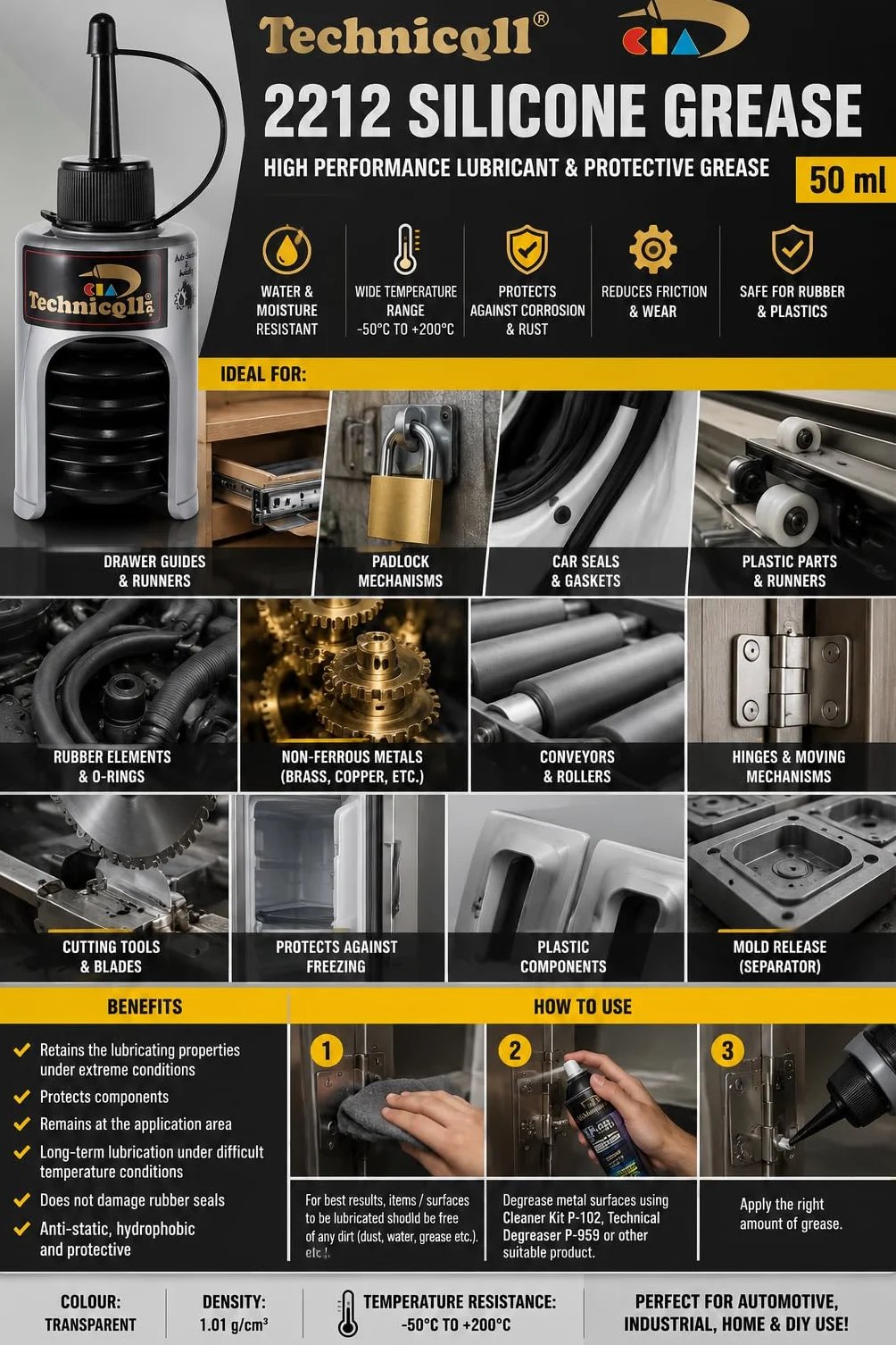 50 ml przezroczysty silikonowy smar 2212 do plastikowych gumowych uszczelek, elektrotechnicznych prowadnic, łożyska, zamki nowość TECHNICQLL