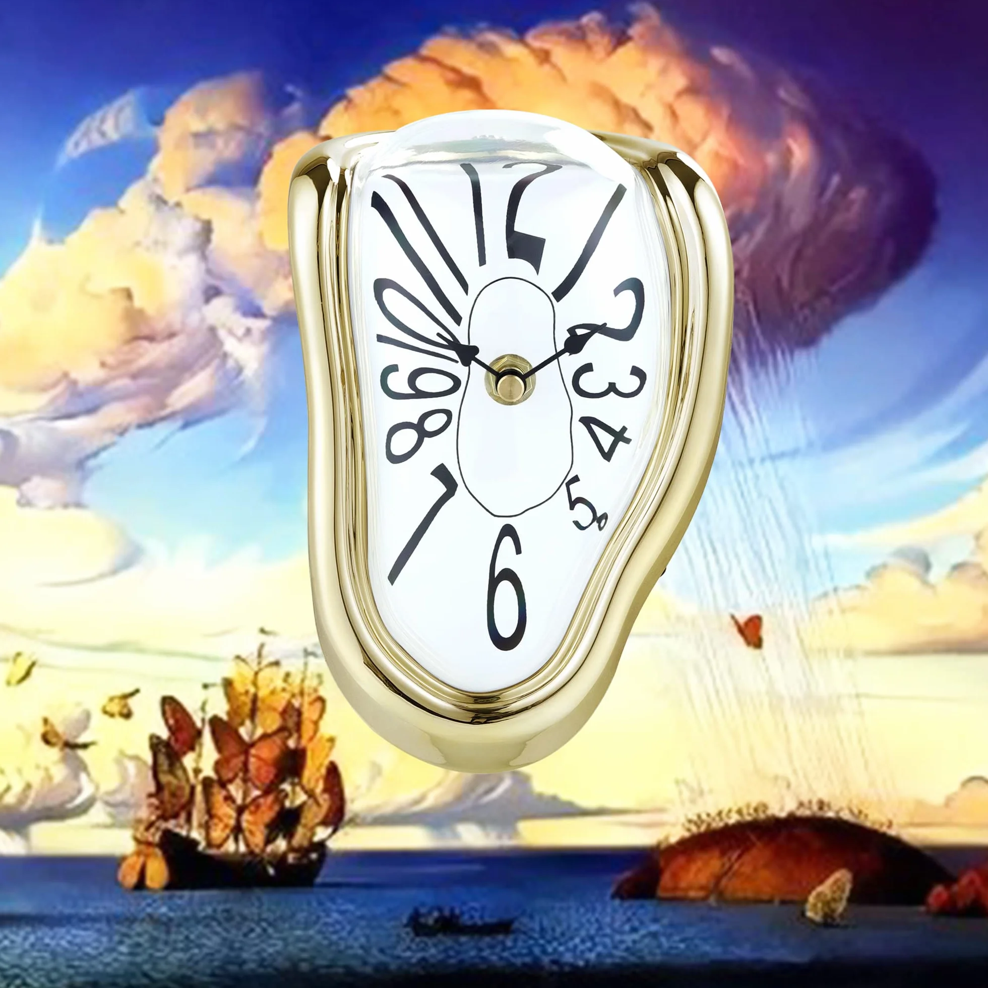 Lafocuse Bezgłośny zegarek Salvador Dali złoty, stopiony zegar bez odgłosów tykania, nowoczesny zegar stołowy, topiąca się dekoracja na półki, biurko, 18 x 13 x 15 cm
