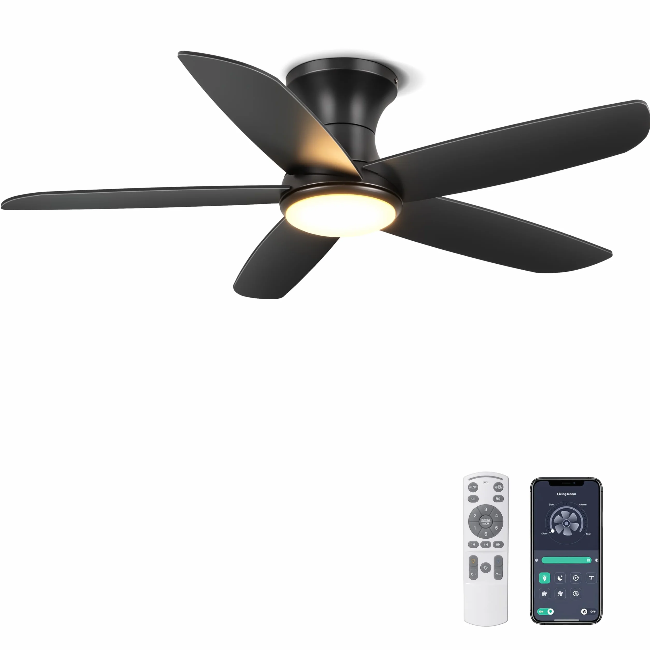 Ohniyou 116 cm Wentylator sufitowy ze światłem, pilot, cichy silnik prądu stałego, czarny