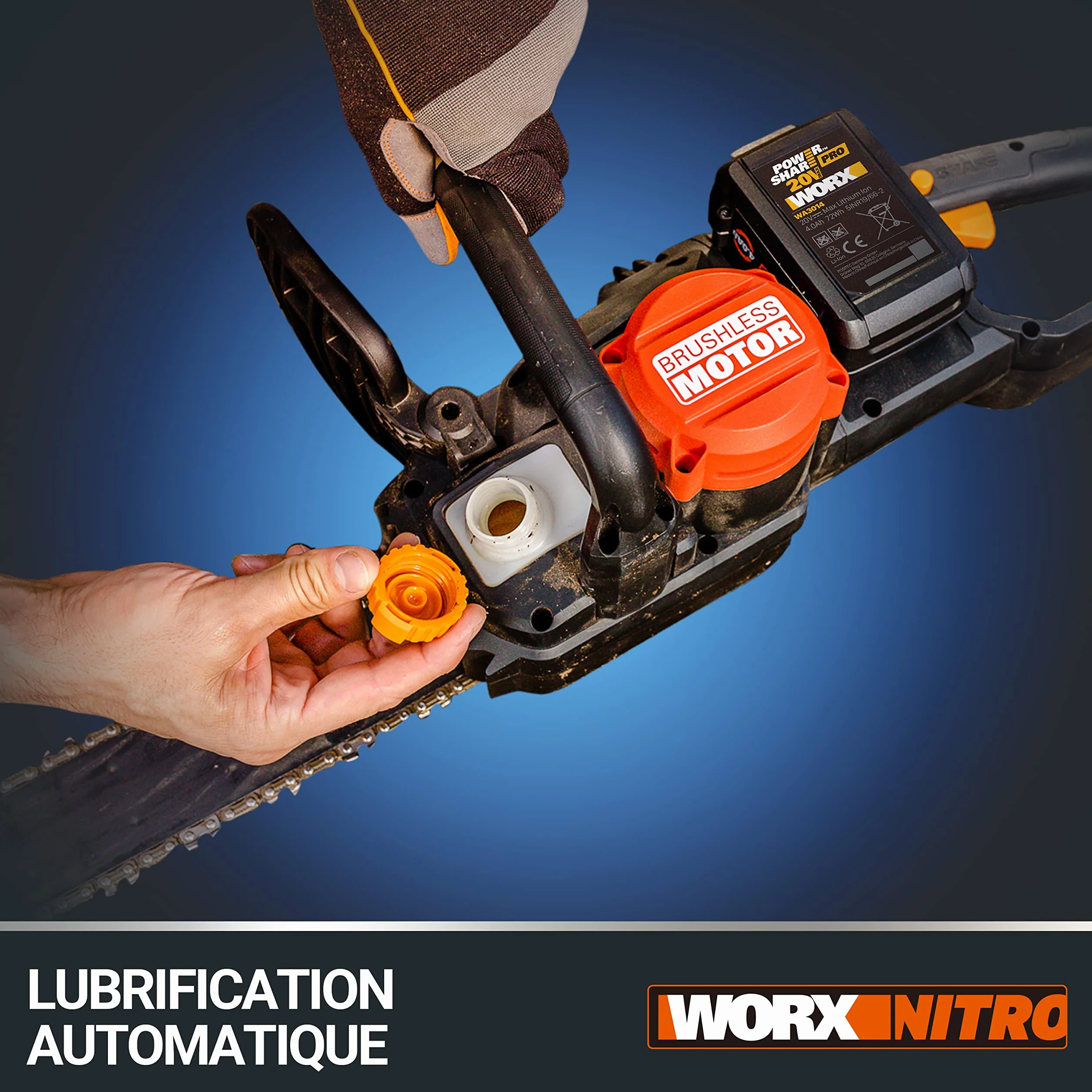 WORX Piła łańcuchowa Nitro 40V (2x20V) | PowerShare | WG385E.9 | Nie obejmuje baterii i ładowarki | Silnik bezszczotkowy | Miecz 40 cm | Hamulec łańcucha i automatyczne smarowanie