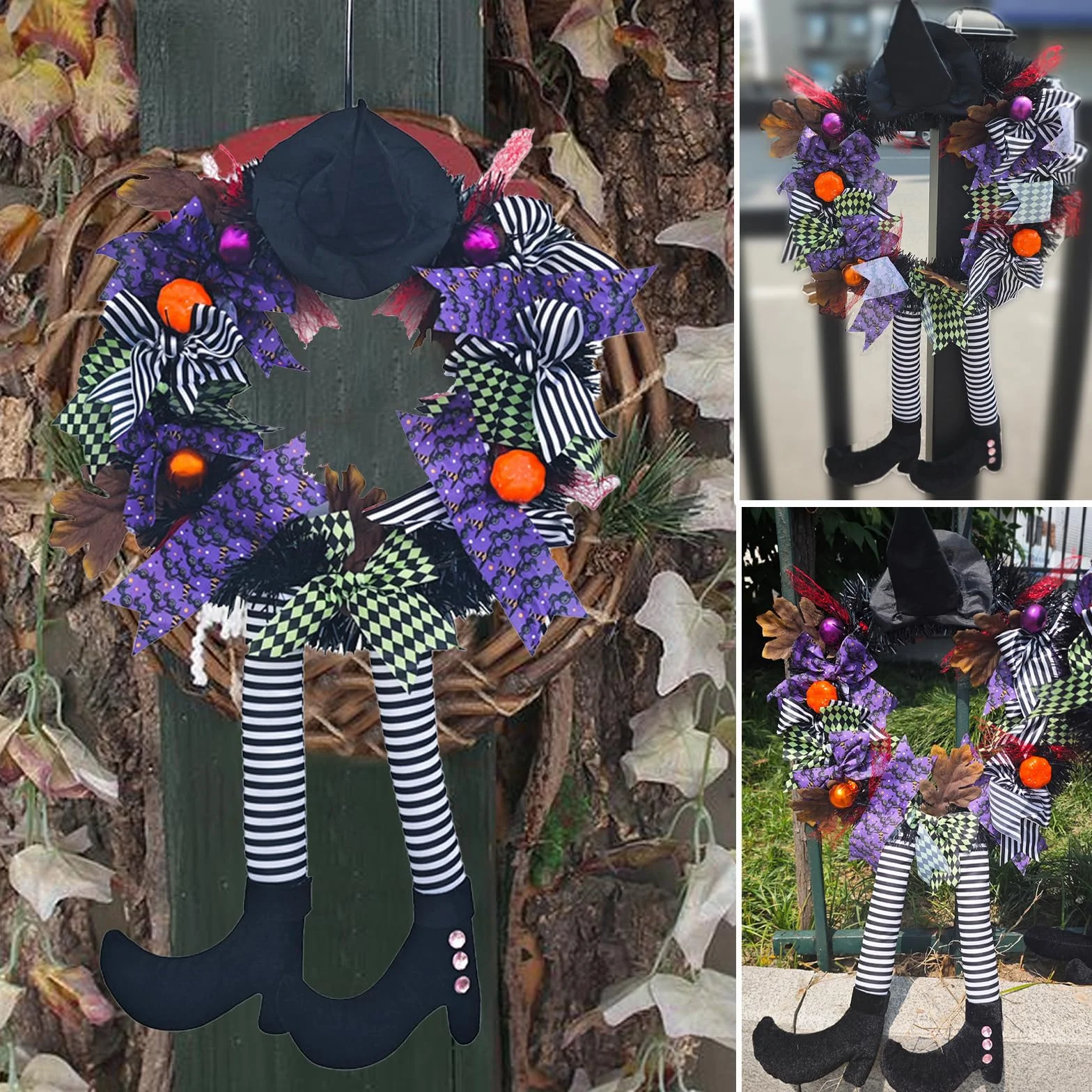 GWAWG Wieniec halloweenowy na drzwi wejściowe, dekoracje na drzwi halloweenowe, kapelusz czarownicy i nogi wiszące nogi dynia liść klonu dekoracja unikalna dekoracja, do drzwi domu na zewnątrz