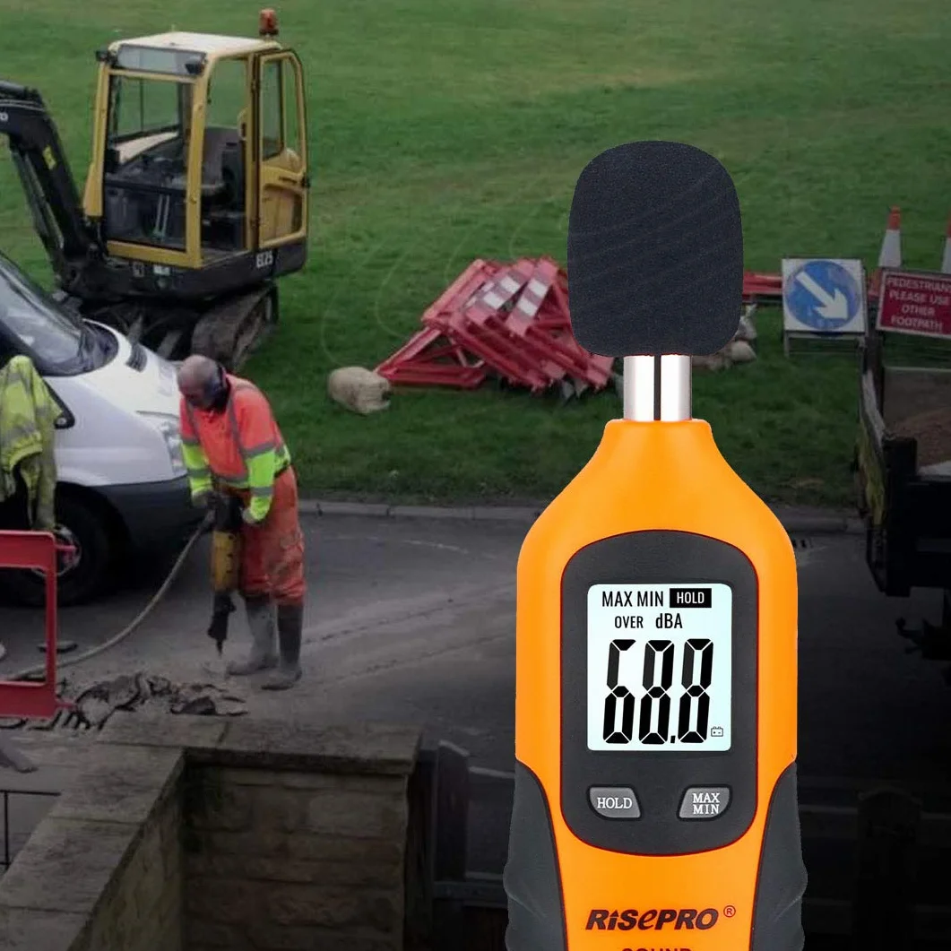 Miernik decybeli, cyfrowy miernik poziomu dźwięku RISEPRO® 30-130 dB, urządzenie do pomiaru szumów, podświetlenie MAX/MIN, automatyczne wyłączanie danych, podwójne zakresy, HT-80A