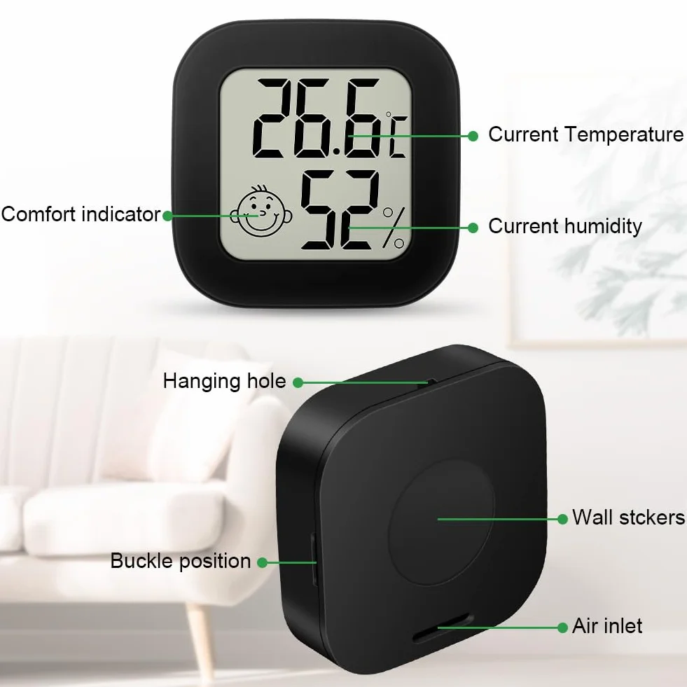 Ainiv Cyfrowy mini higrometr/termometr pokojowy, do pomieszczeń, z wyświetlaczem LCD i ikonami twarzy, z monitorem wilgotności/temperatury, do sypialni, pokoju dziecięcego, samochodu, 2 sztuki