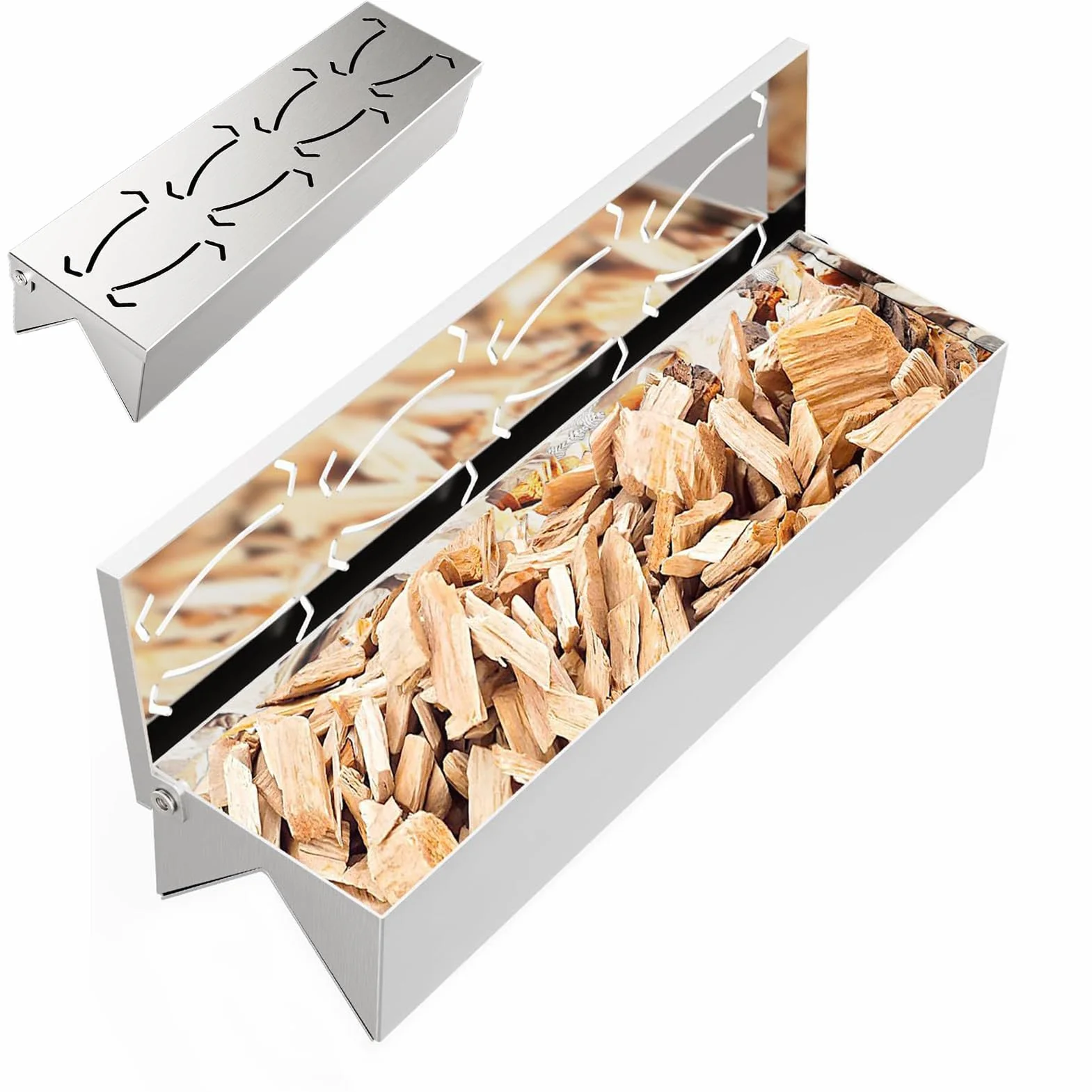 Skrzynka do wędzenia, pojemnik na wiórki do BBQ, stal nierdzewna, 30x8x6cm, zawiasowa pokrywa, konstrukcja ze stali nierdzewnej, łatwa w użyciu, idealna do grilli gazowych, węglowych i elektryc