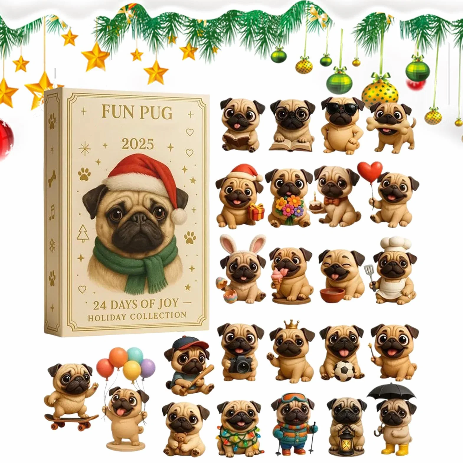 Kalendarz adwentowy 2D pug kalendarz adwentowy mops kalendarze płaskie wisiorki akrylowe 2d ozdoby choinkowe, prezenty świąteczne dla miłośników
