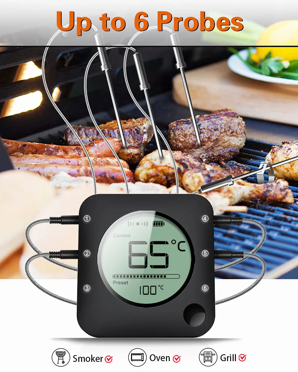 BFOUR termometr do pieczenia z funkcją Bluetooth, z zegarem, 4 czujnikami temperatury, sondą, cyfrowym termometrem do grilla, podświetleniem tła LED
