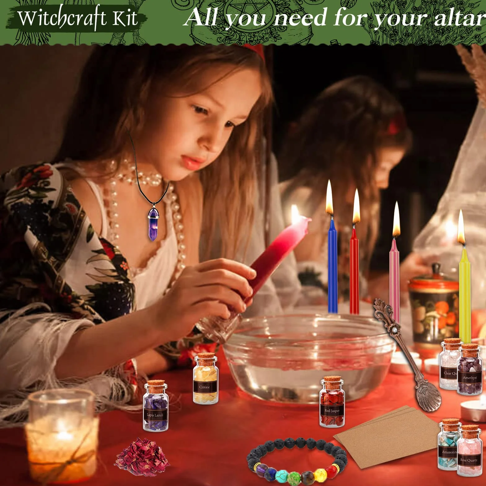 MAISITOO Zestaw magiczny do czarowania, świeczki, małe, naturalne suszone kwiaty, buteleczki, kryształowe chipsy żetony do dzwoneczków, magia, czarodziejstwo, życzenia, rytuały