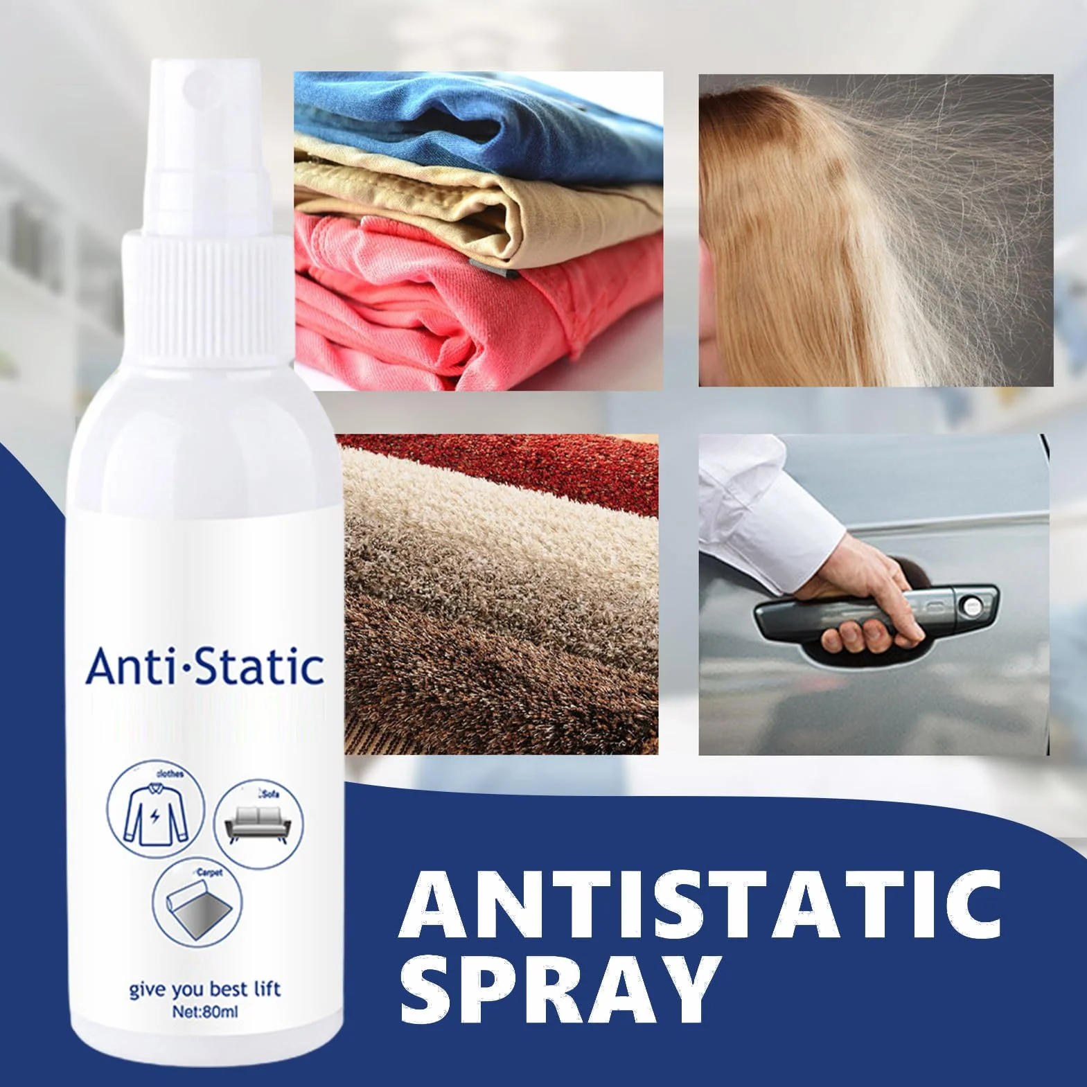 Antystatyczny spray, 80 ml, natychmiastowe usuwanie statycznego ładowania włosów i tekstyliów, natychmiastowe działanie i długotrwałe działanie, płyn do płukania, pielęgnacja ubrań i dywanów