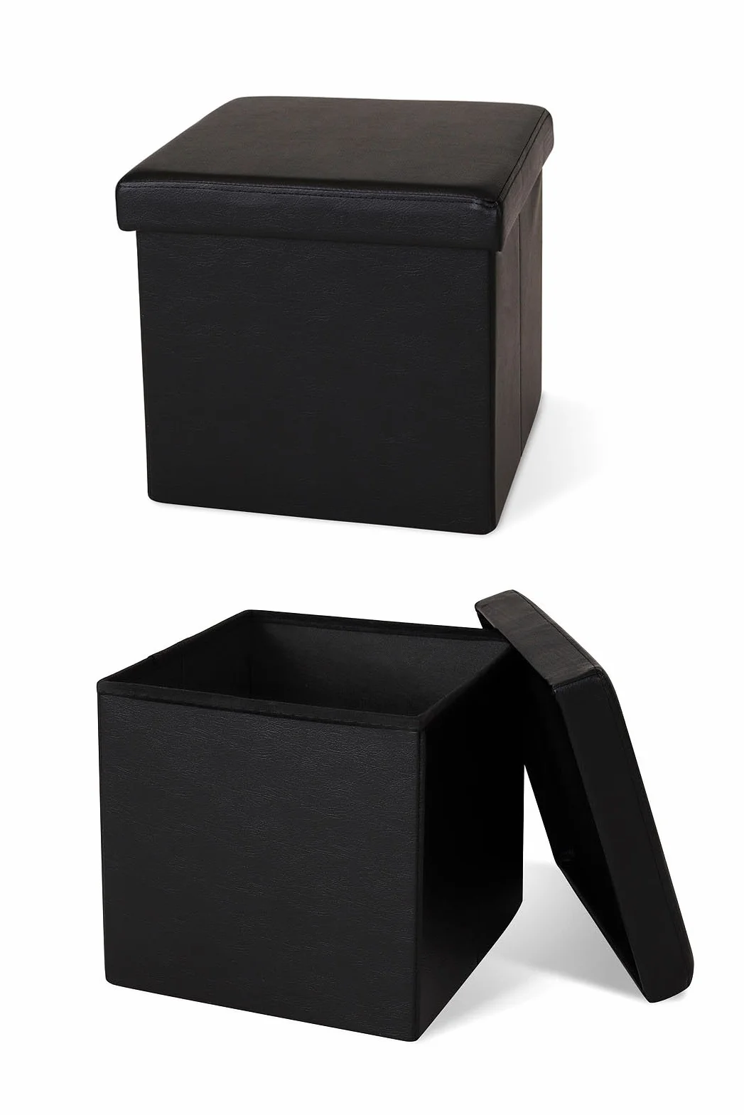 Tavora Składany taboret kostka z eko-skóry, praktyczny pojemnik ze schowkiem 38x38x38 cm, solidne siedzisko lub stabilne pudełko do przechowywania, udźwig do 300 kg, czarny