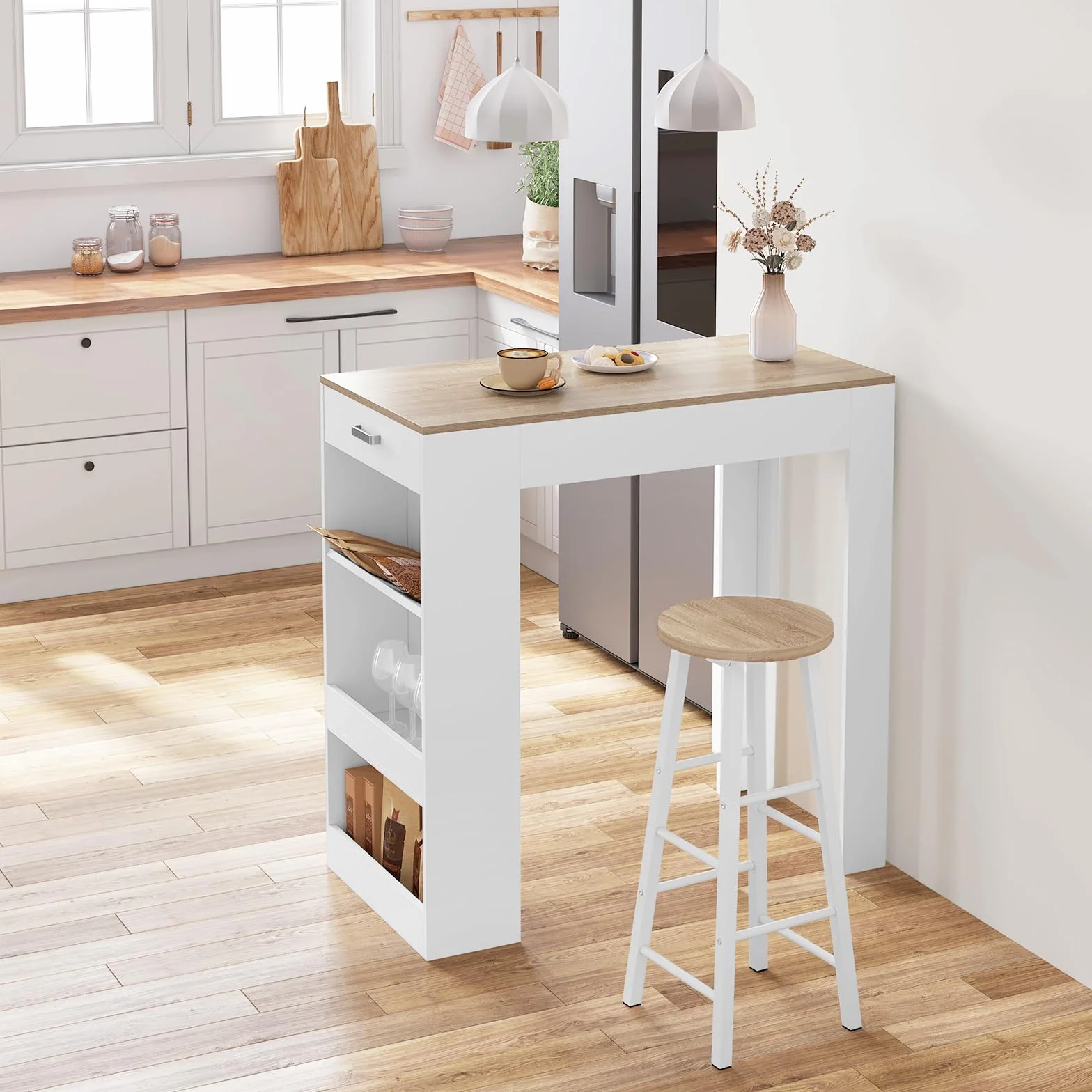 WOLTU BT47whe Stolik barowy z 1 szufladą, 3 półki, z regałem na wino, stół kuchenny, do baru, kuchni, salonu, jadalni, 100 x 100 x 50 cm, kolor biały, imitacja drewna