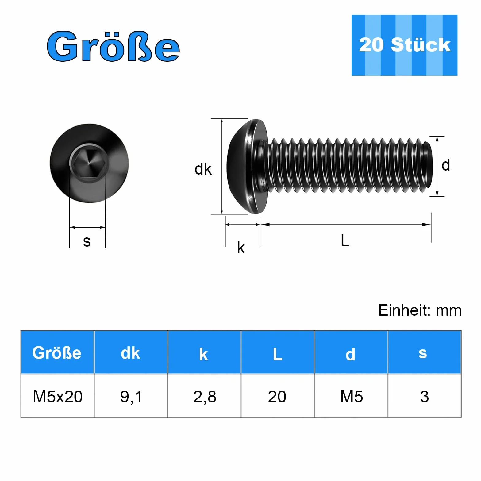 20 sztuk śrub M5 x 20, śruby z łbem soczewkowym, czarne z gniazdem sześciokątnym, pełny gwint śruby meblowe ze stali nierdzewnej A2 V2A, śruby z płaskim łbem