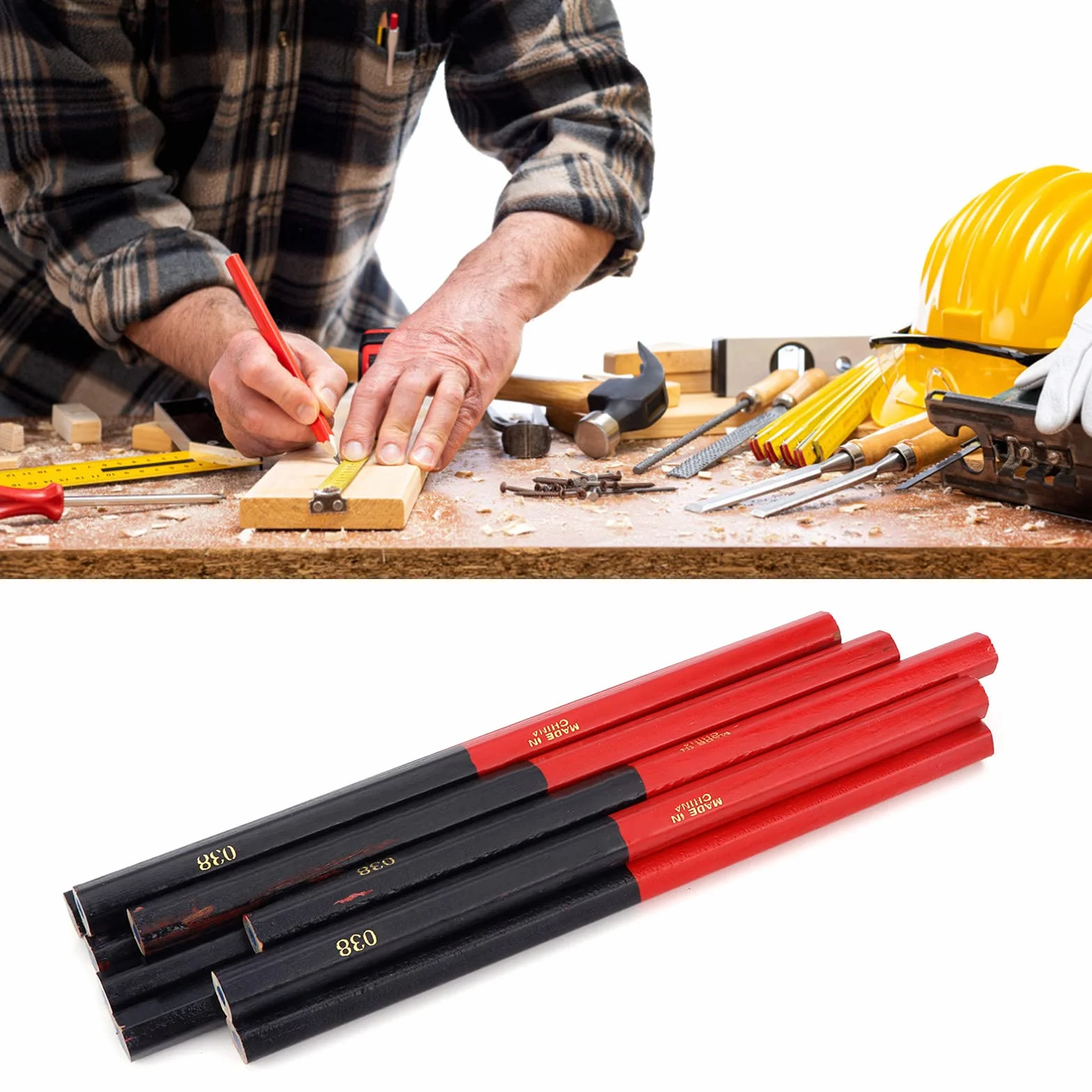 Ołówki stolarskie, 9 x sześciokątne ołówki stolarskie do obróbki drewna, czerwone, niebieskie, 2-rdzeniowe, sześciokątne, 2-głowicowe, DIY, do obróbki drewna, marker ręczny, drewniane ołówki