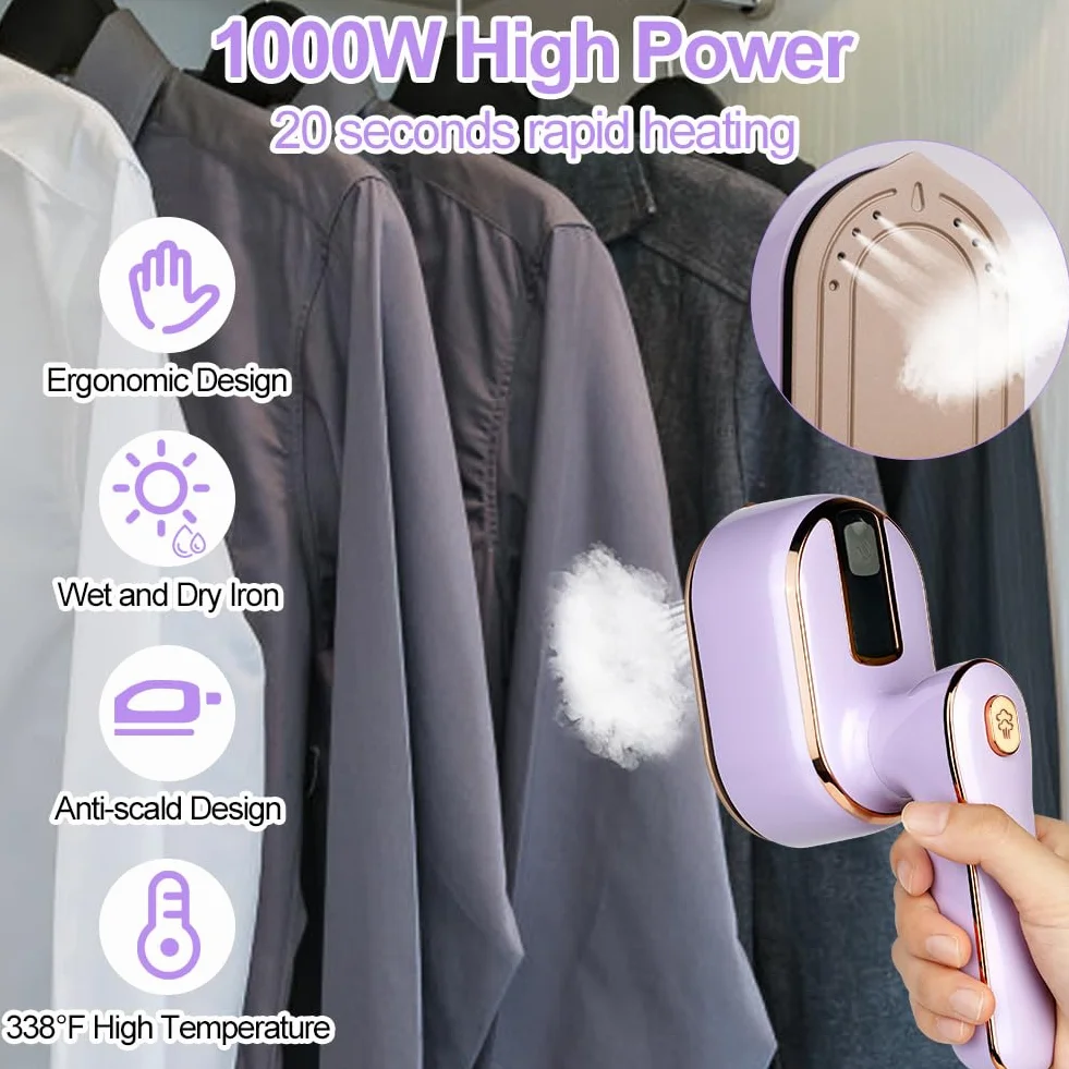 AUAUY żelazko parowe mini, 1000 W składane przenośne żelazko turystyczne, ręczne urządzenie do prasowania z 100 ml zbiornikiem na wodę, prasowanie na sucho i na mokro, małe żelazko parowe do domu i w