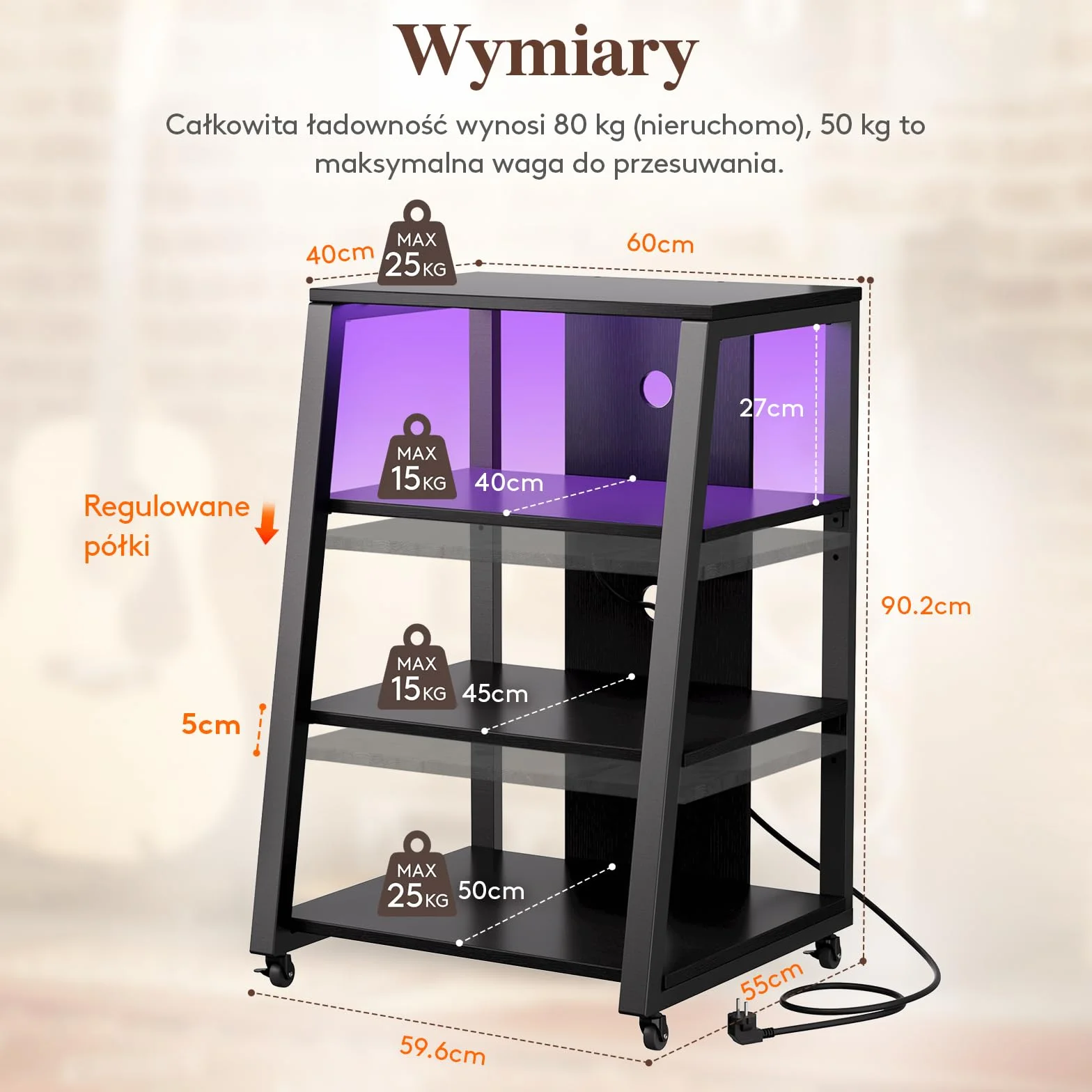 Lifewit 4-stopniowy regał HiFi z kółkami i regulowaną półką, stół gramofonowy z listwami zasilającymi i diodami LED, stojak na media AV, do salonu, 60 x 55 x 90 cm, rustykalny brąz