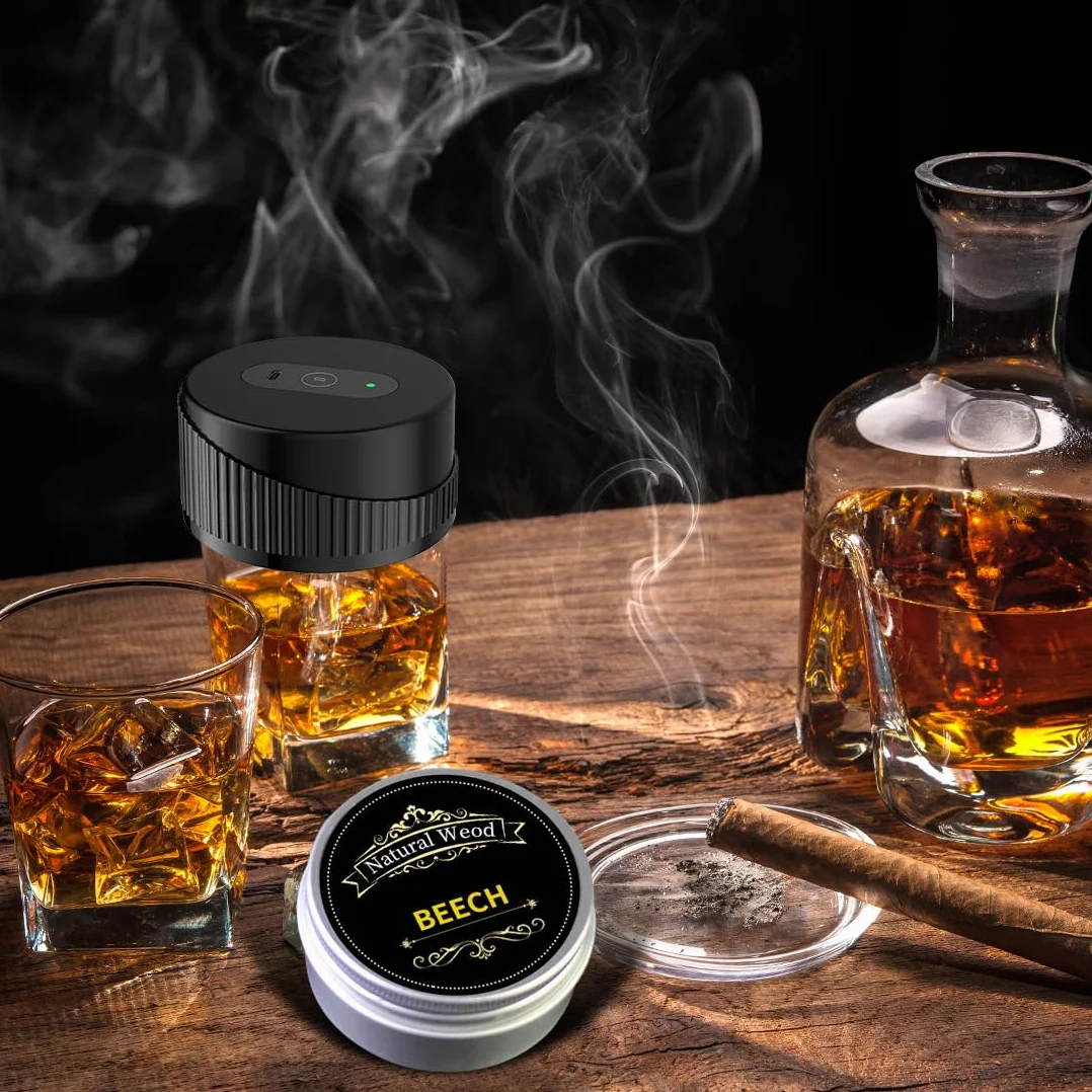 LOMUG Zestaw do wędzenia whisky, elektryczny zestaw do wędzenia koktajli z 6 drewnianymi wiórami, akcesoria do wędzenia whisky Old Fashioned na napoje i bourbon, kawa, mięso-orzech włoski, prezent dla