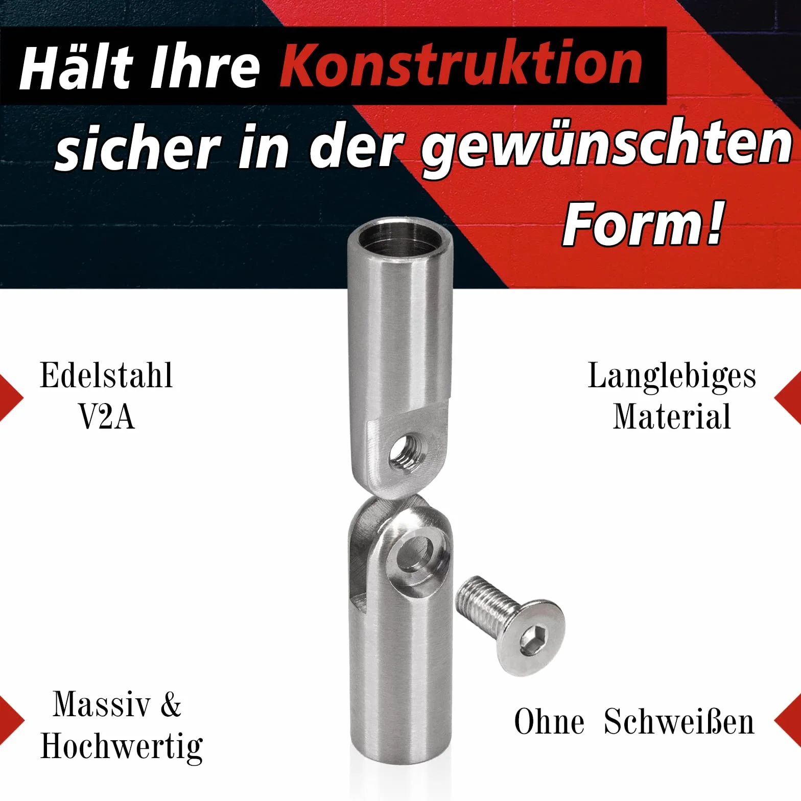 Łącznik przegubowy, elastyczny łącznik z przegubem, pręt, uchwyt do trawersu – 4 x łącznik regulowany 10 mm ze stali nierdzewnej V2A do pręta, okrągłego pręta, balustrady schodowej, balustrady PRIOStahl