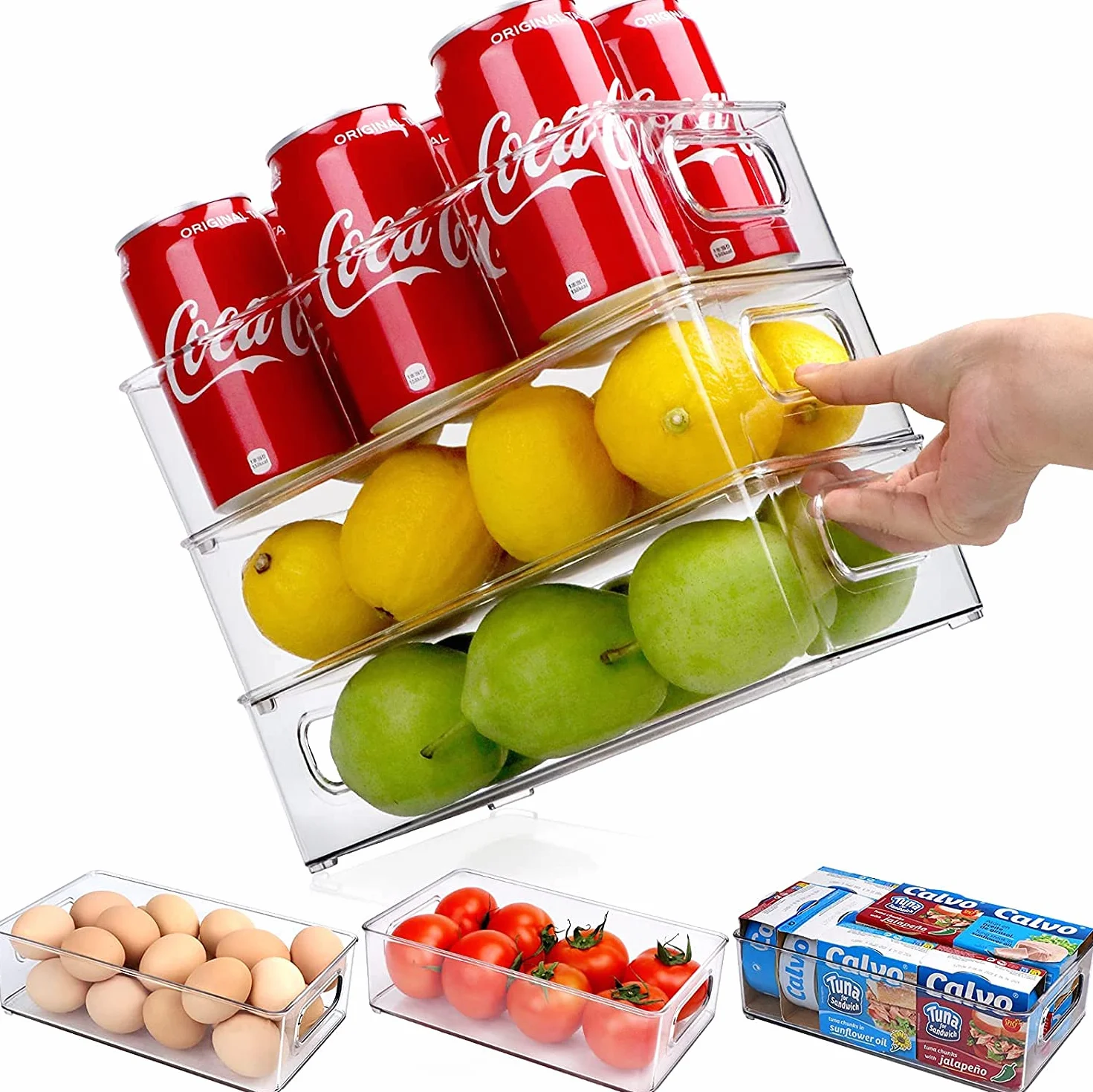 Piqiuqiu Organizer do lodówki, zestaw 2 sztuk, pojemniki na zapasy z uchwytem, system organizacji lodówki, wymiary 25 x 9,5 x 7,5 cm