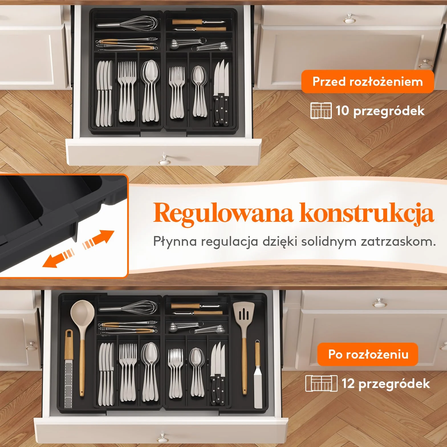 Lifewhite Duża Szuflada na Sztućce, Szerokość od 46 do 70 cm, Regulowana Szuflada na Sztućce do Szuflady, Głębokość 42,4 cm, Wyjmowany Układ szuflady, Plastikowy Uchwyt na Widelce/Noże, Czarny
