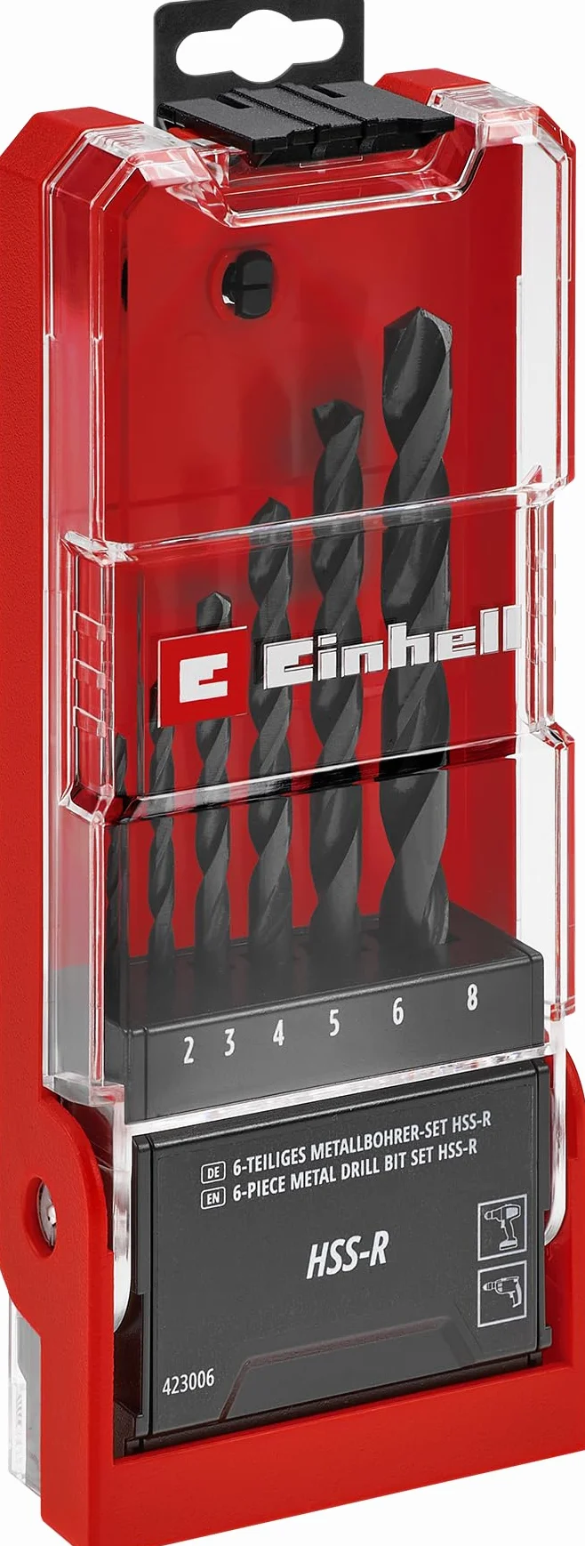 Einhell 6-częściowy zestaw wierteł do metalu HSS-R (stal HSS 4241, oksydowany, końcówka 135°, spirala igłowa typu N, okrągły trzpień, w zestawie pudełko do przechowywania)