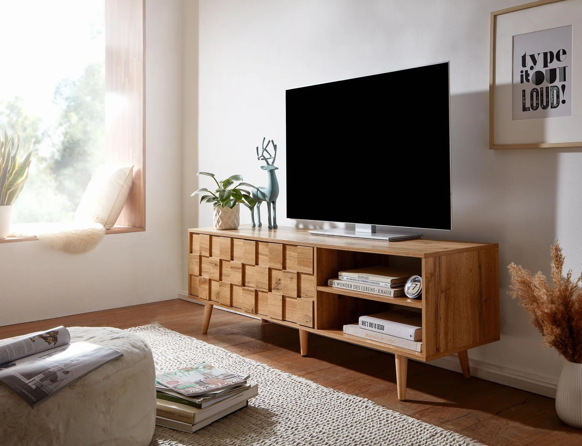 FineBuy drewno dębowe z niskim blatem dekor 160x51x40 cm Komoda RTV z dwojgiem drzwi | Zaprojektuj szafkę RTV wysoka | Szafka RTV Szafka RTV nowoczesna | Komoda TV salon