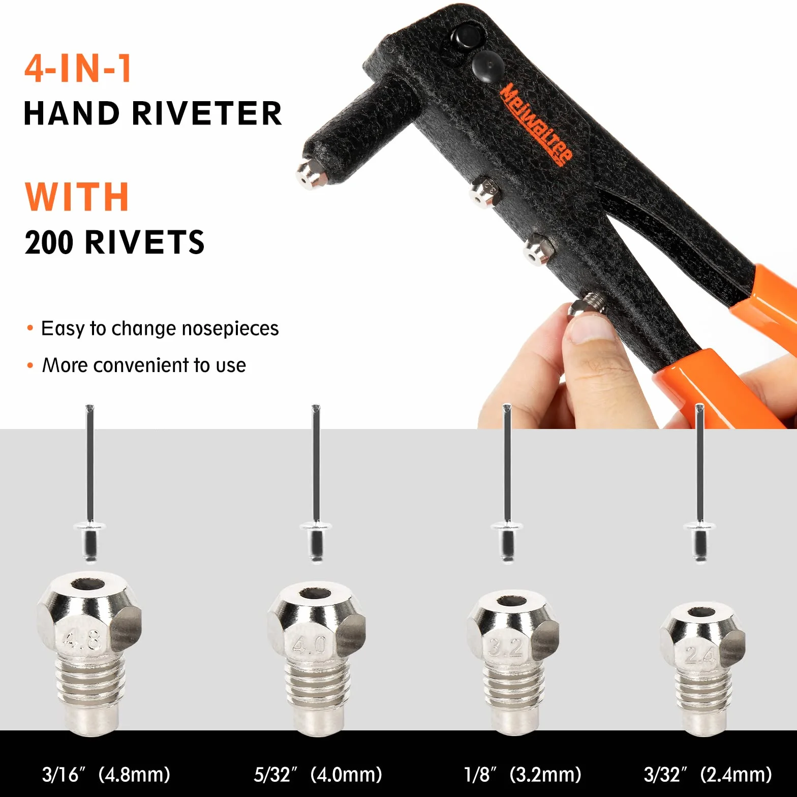 Zestaw szczypiec nitowniczych 4 w 1, 200 nitów w 4 rozmiarach 2,4 mm - 3,2 mm, 4,0 mm, 4,8 mm, trwałe i odpowiednie do prac metalowych, motoryzacyjnych i innych popularnych projektów DIY