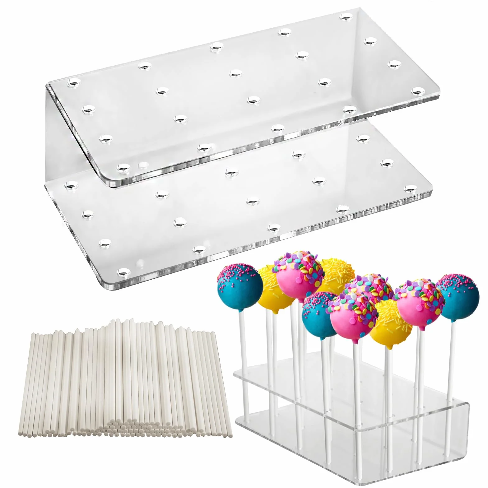 Zestaw 2 Przezroczystych Stojaków na Cake Pops z Akrylu + 200 Białych Patyczków, 20 Otworów, Wielokrotnego Użytku, Idealny na Wesela, Urodziny, Imprezy i Candy Bar (16×9×4 cm)