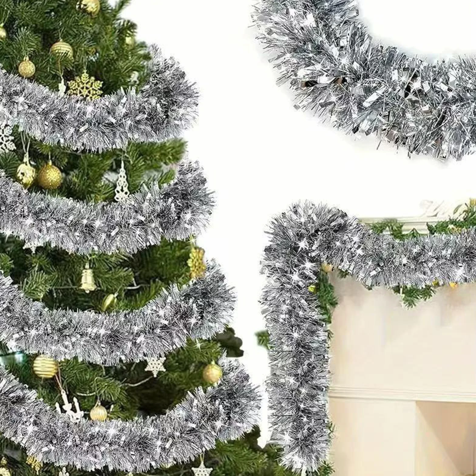 Girlanda z lametami bożonarodzeniowymi, 6 sztuk x 2 m, błyszczące lamety, girlanda choinkowa, świąteczna, dekoracja choinkowa, dekoracja na Boże Narodzenie (kolor srebrny)