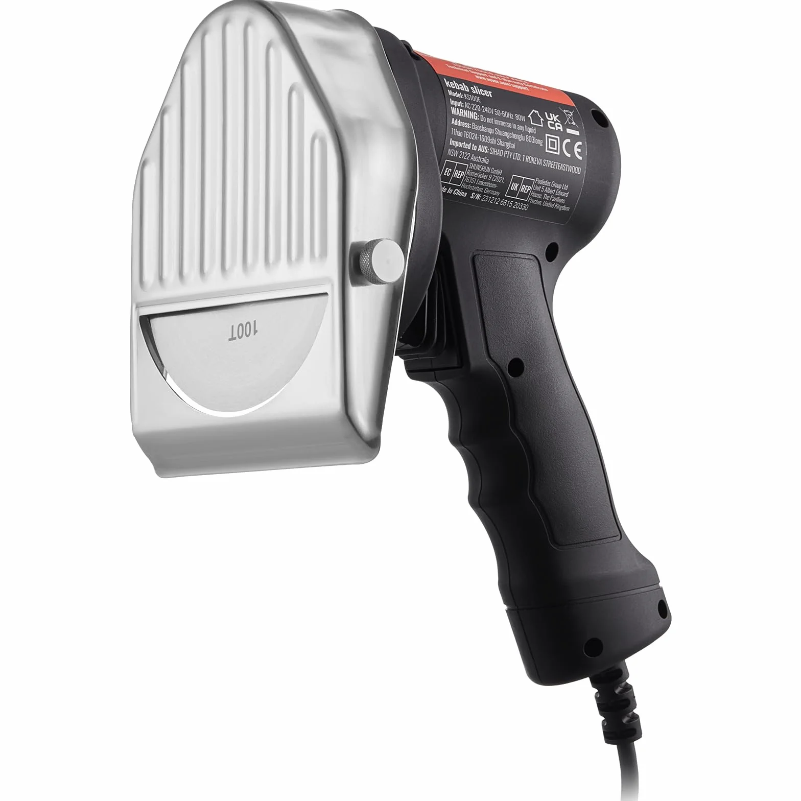 VEVOR Elektryczny nóż do kebabu 80 W, turecka krajalnica do mięsa Shawarma Döner Kebab ze stali nierdzewnej, z 2 ostrzami o średnicy 100 mm, regulowana grubość 0–8 mm, do restauracji, baru