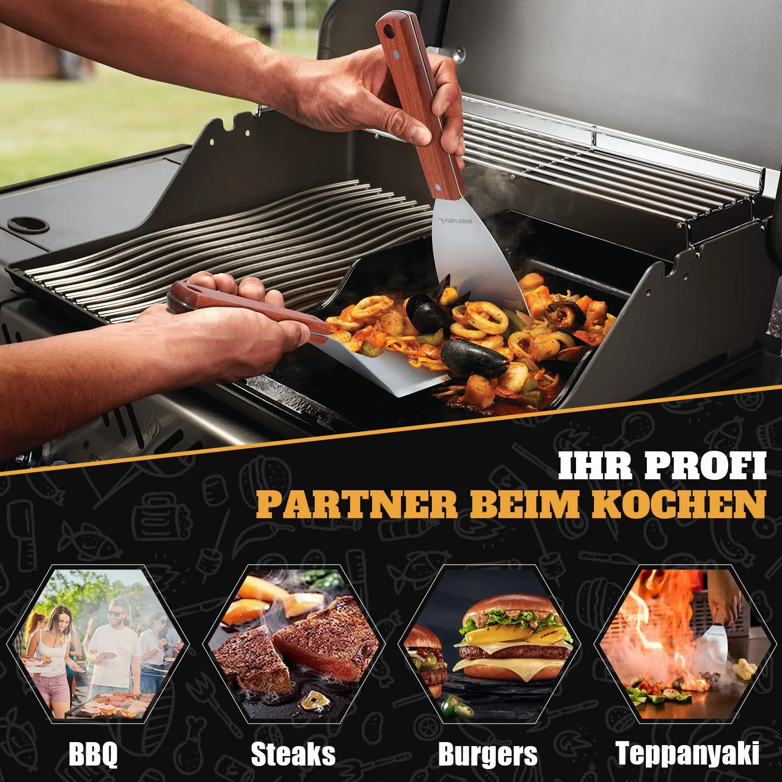 PURPLEBIRD Zestaw szpatułek do grilla ze stali nierdzewnej, zestaw szpatułek Plancha z dużą łopatką do grilla do smash burgerów, grillowania, prezent dla mężczyzn