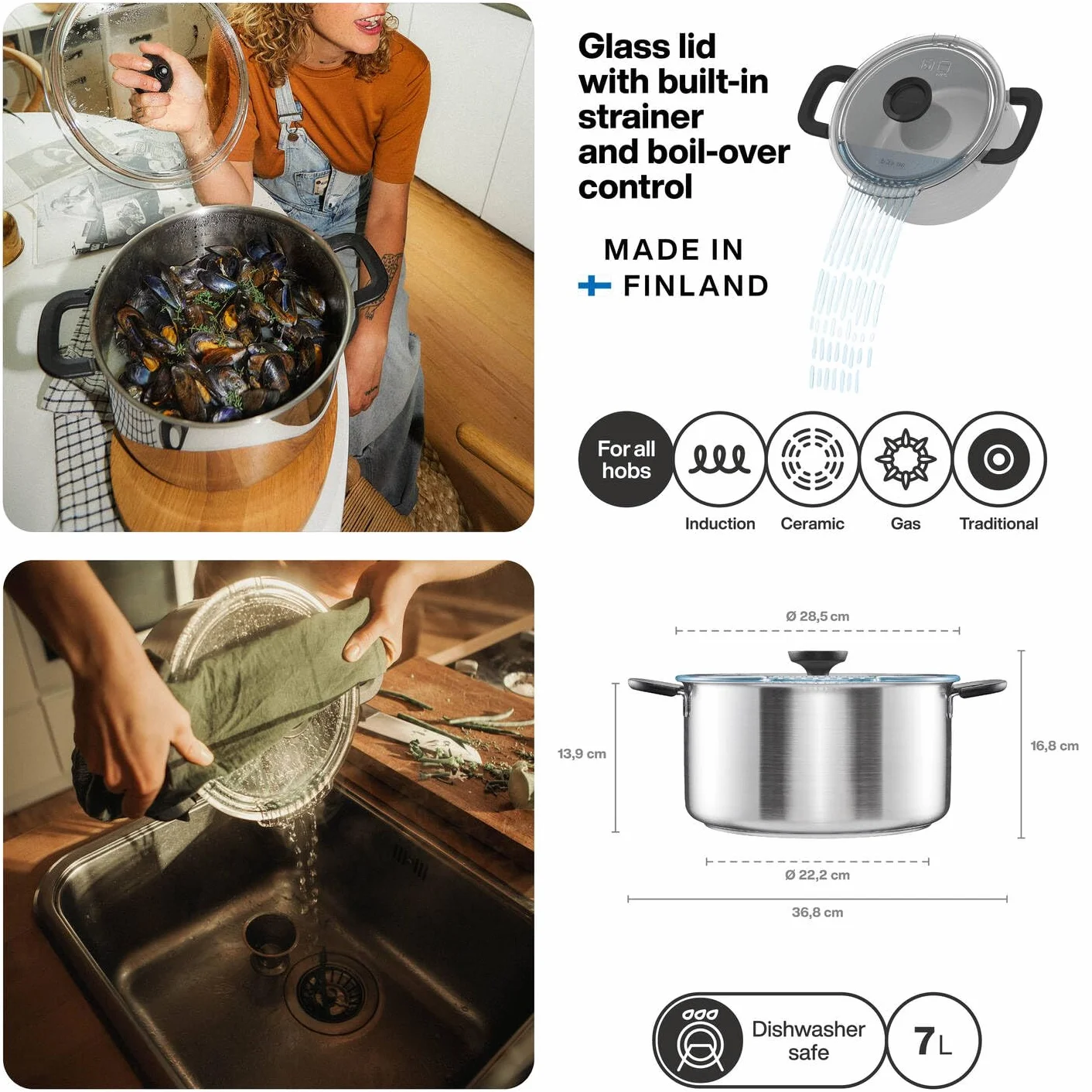 Fiskars Rondel z pokrywką 7 litrów Ø 28,5 cm Stal nierdzewna z recyklingu