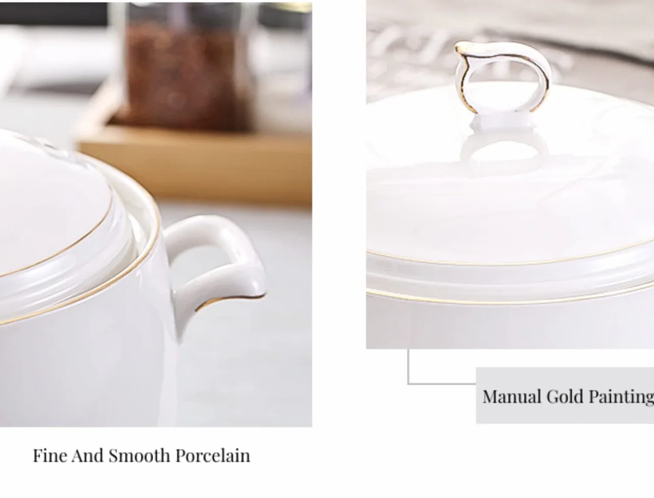 Ceramiczna waza do zupy z pokrywką, duża pojemność 3L, waza do serwowania z podwójnymi uchwytami do kuchni, porcelana, biała ze złotym wykończeniem, nadaje się do kuchenki mikrofalowej i zmywarki