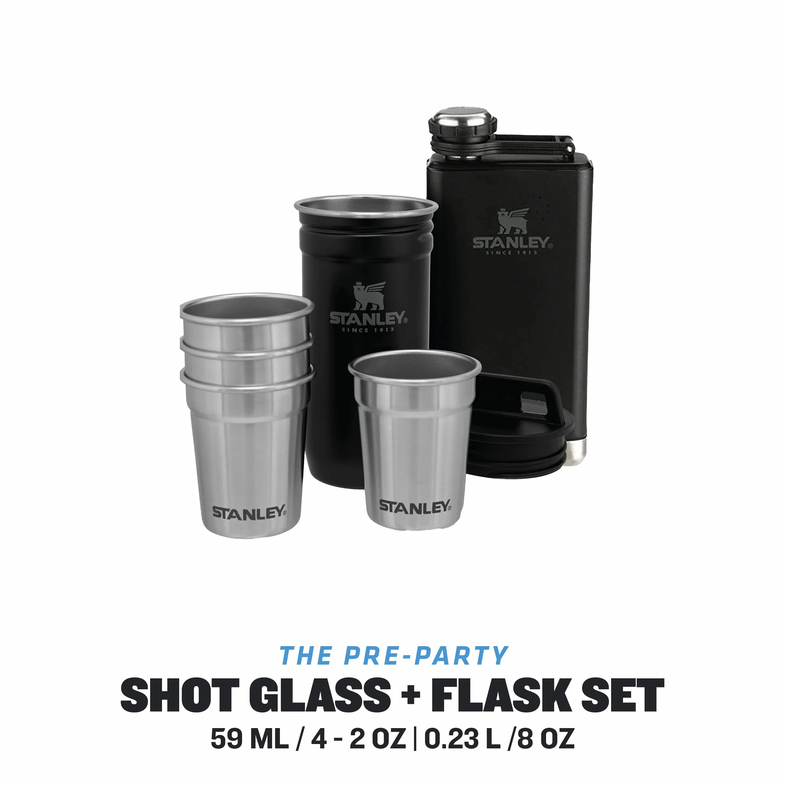 Stanley 1913 Adventure Pre-Party Shot Glass + Flask Set Matte Black Stal nierdzewna Bez BPA Zestaw podarunkowy