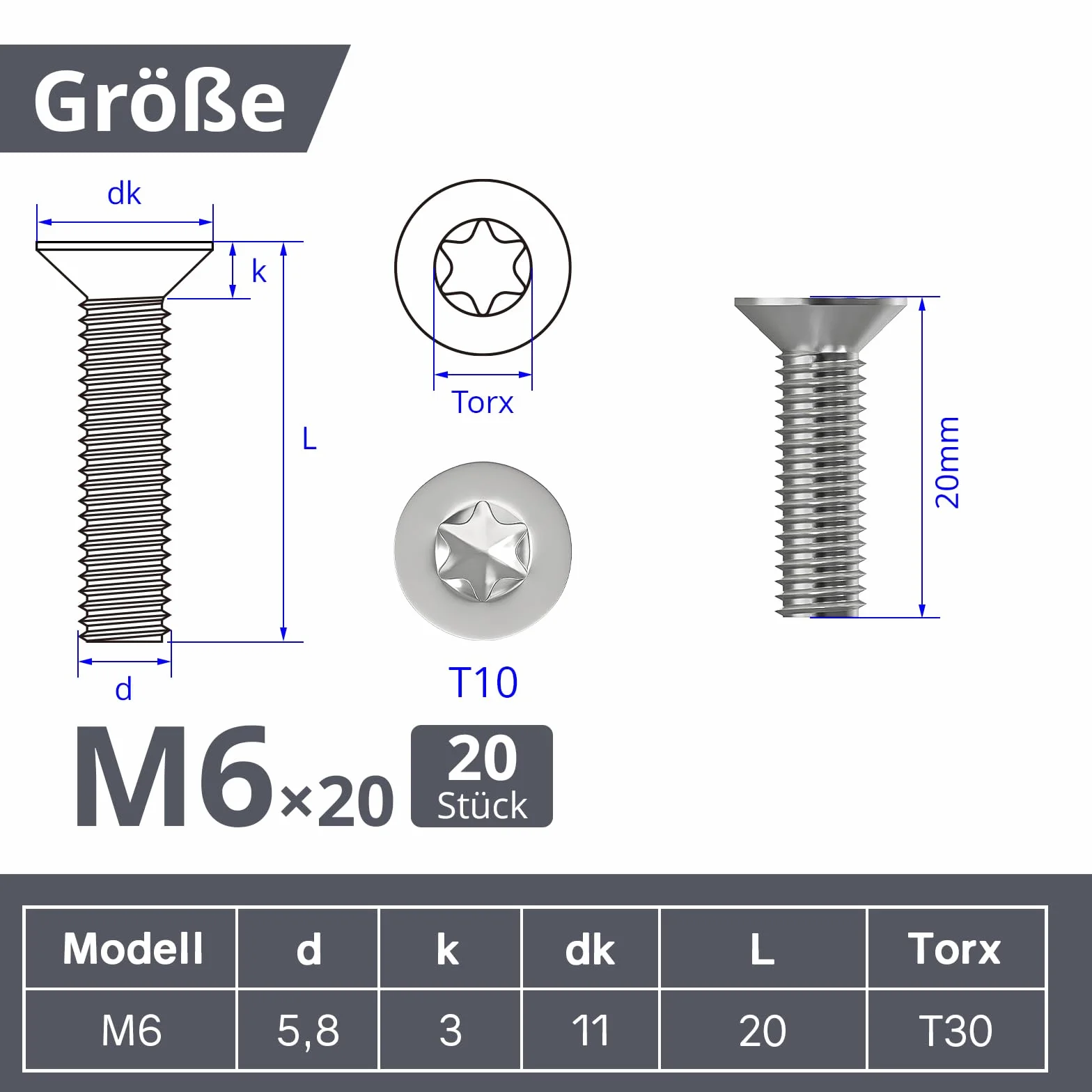 ORTAVA 20 sztuk śrub z łbem wpuszczanym M6 x 20 mm, M6 śruby z łbem wpuszczanym Torx ze stali nierdzewnej 304, śruba z łbem wpuszczanym z łbem sześciokątnym / Torx (ISR/TX) zgodnie z normą ISO 14581 /