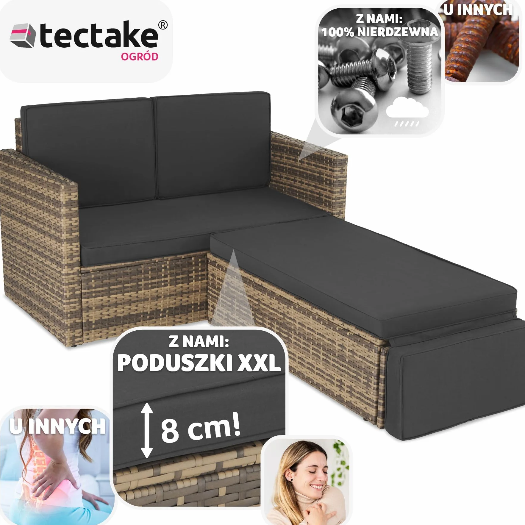 tectake® Zestaw Wypoczynkowy Korfu,do Domu, Ogrodu i na Taras, Technorattan, Duży Puf z Podporą, Stelaż ze Stali, Wodoodporne Poduszki (Naturalny)