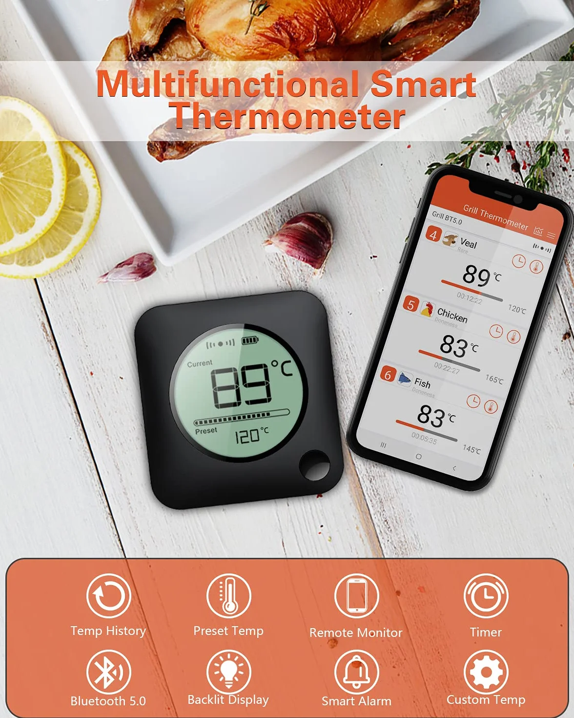 BFOUR termometr do pieczenia z funkcją Bluetooth, z zegarem, 4 czujnikami temperatury, sondą, cyfrowym termometrem do grilla, podświetleniem tła LED