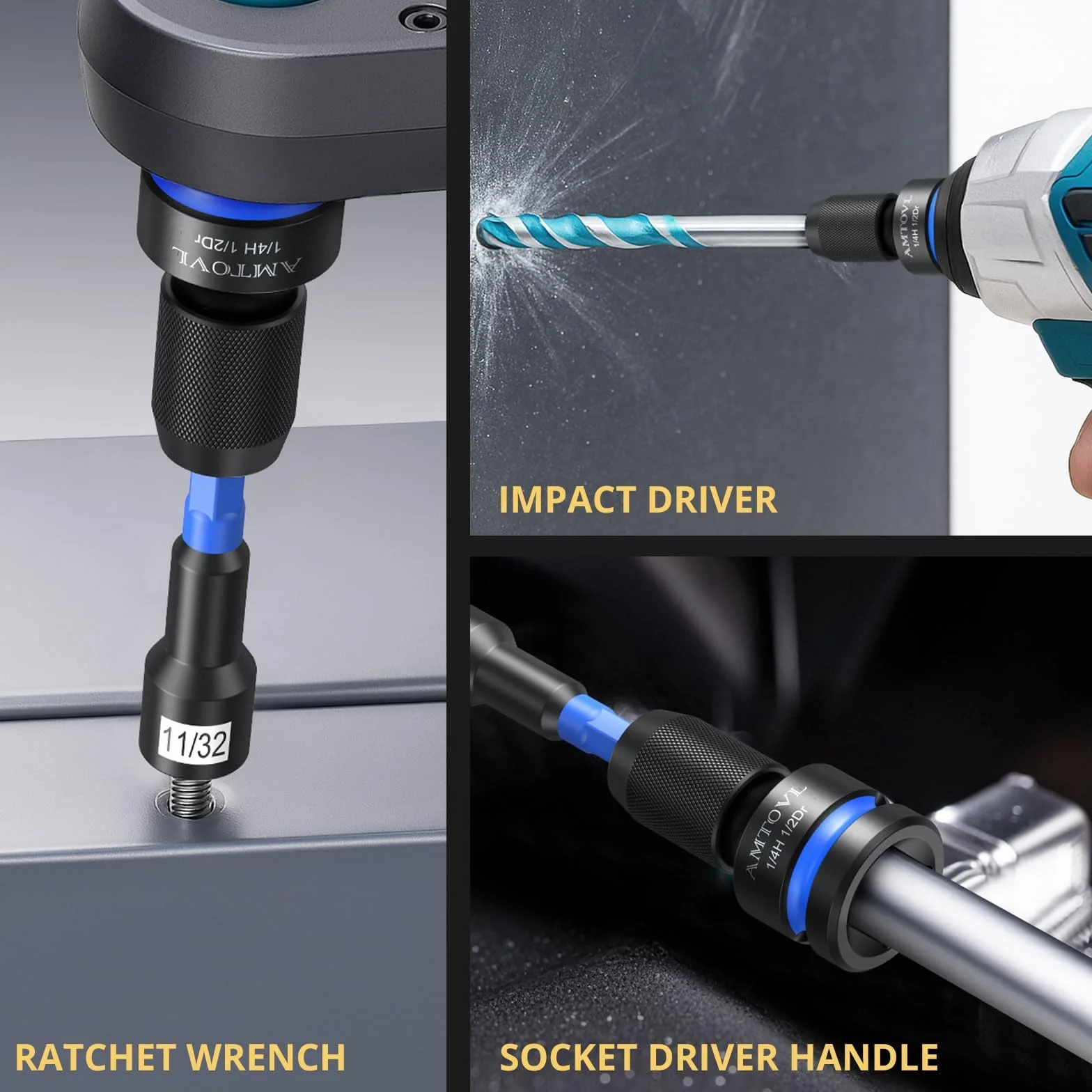AMTOVL 3 szt. Kwadratowe adaptery do 1/4" sześciokątne 1/4", 3/8", 1/2" materiał 42CRMO Quick Release adaptery nasadowe z napędowym drążkiem adaptera konwerter sześciokątny - niebieski