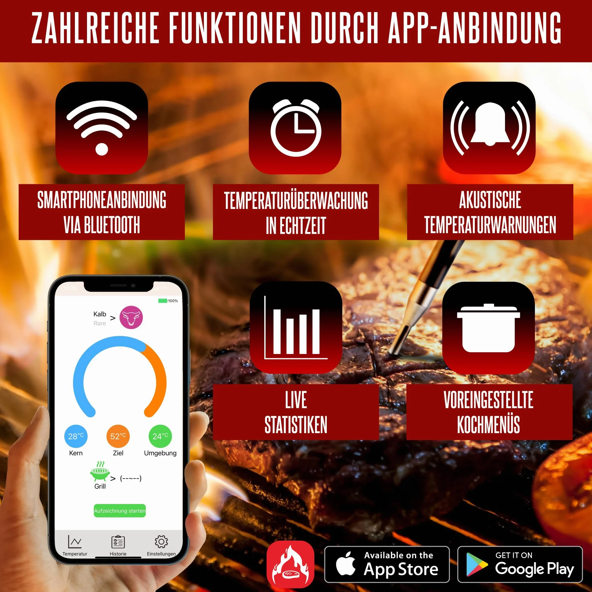 BBQ-Toro TempTender bezprzewodowy termometr do grillowania Bluetooth IP67 300°C cyfrowy termostat