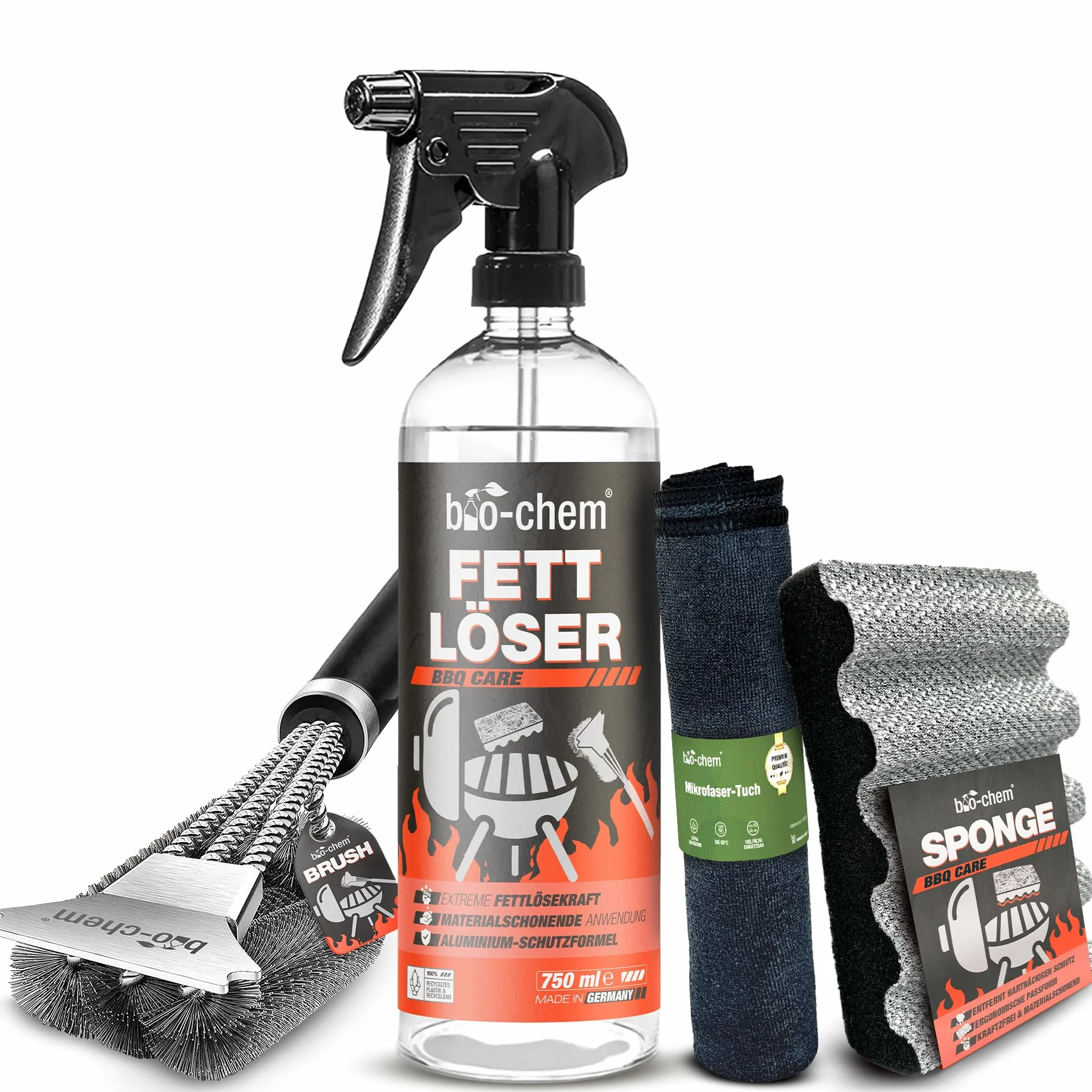 bio-chem BBQ-Cleaner ?rodek do czyszczenia grilla 750 ml + ?ciereczka z mikrofibry efektywne czyszczenie w profesjonalnej jako?ci spray piel?gnacyjny do rusztu do grilla, bezzapachowy i przyjazny