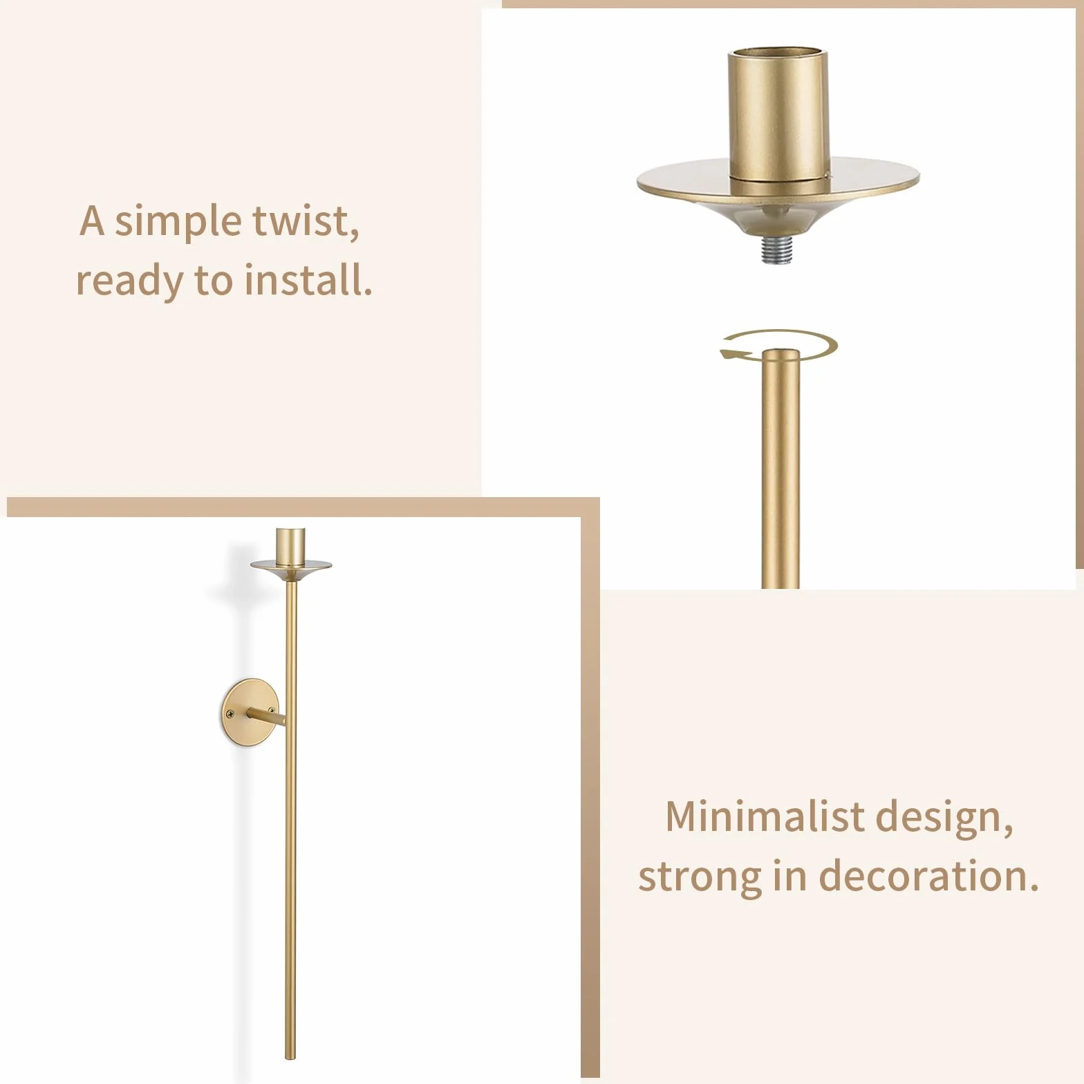 Sziqiqi Zestaw 2 złotych lamp ściennych do świec stożkowych, nowoczesny design, metalowe kije do sypialni, salonu, łazienki, jadalni
