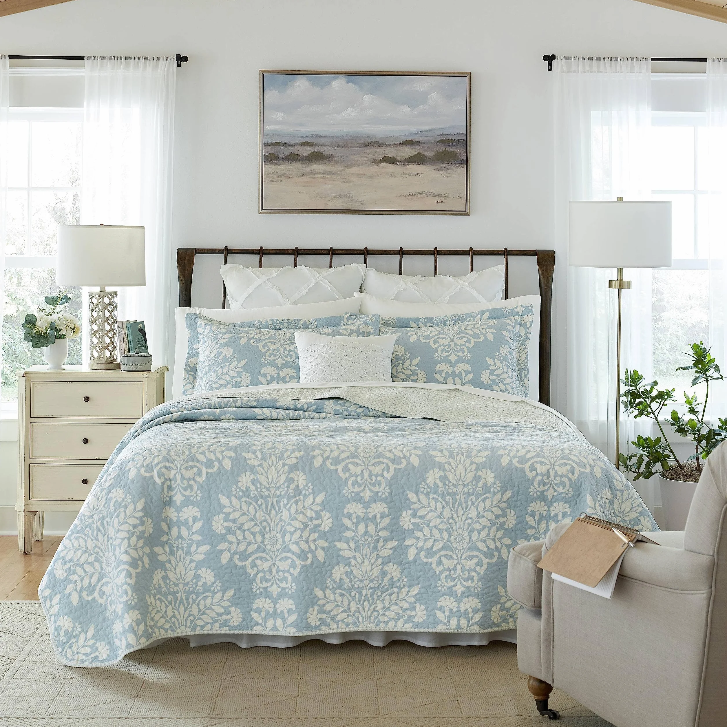 Laura Ashley - Kolekcja Rowland - Zestaw kołder - 100% bawełna, odwracalna, całoroczna pościel z pasującymi pokrowcami, wstępnie prana dla dodatkowego komfortu, pełna/królowa, niebieska